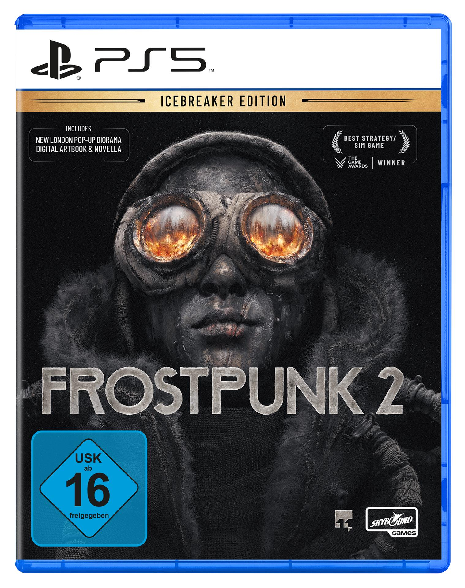 Frostpunk 2-Spielcover. Ein Charakter im Steampunk-Stil mit Schutzbrille ist das Hauptmotiv. Das PS5-Logo befindet sich oben.