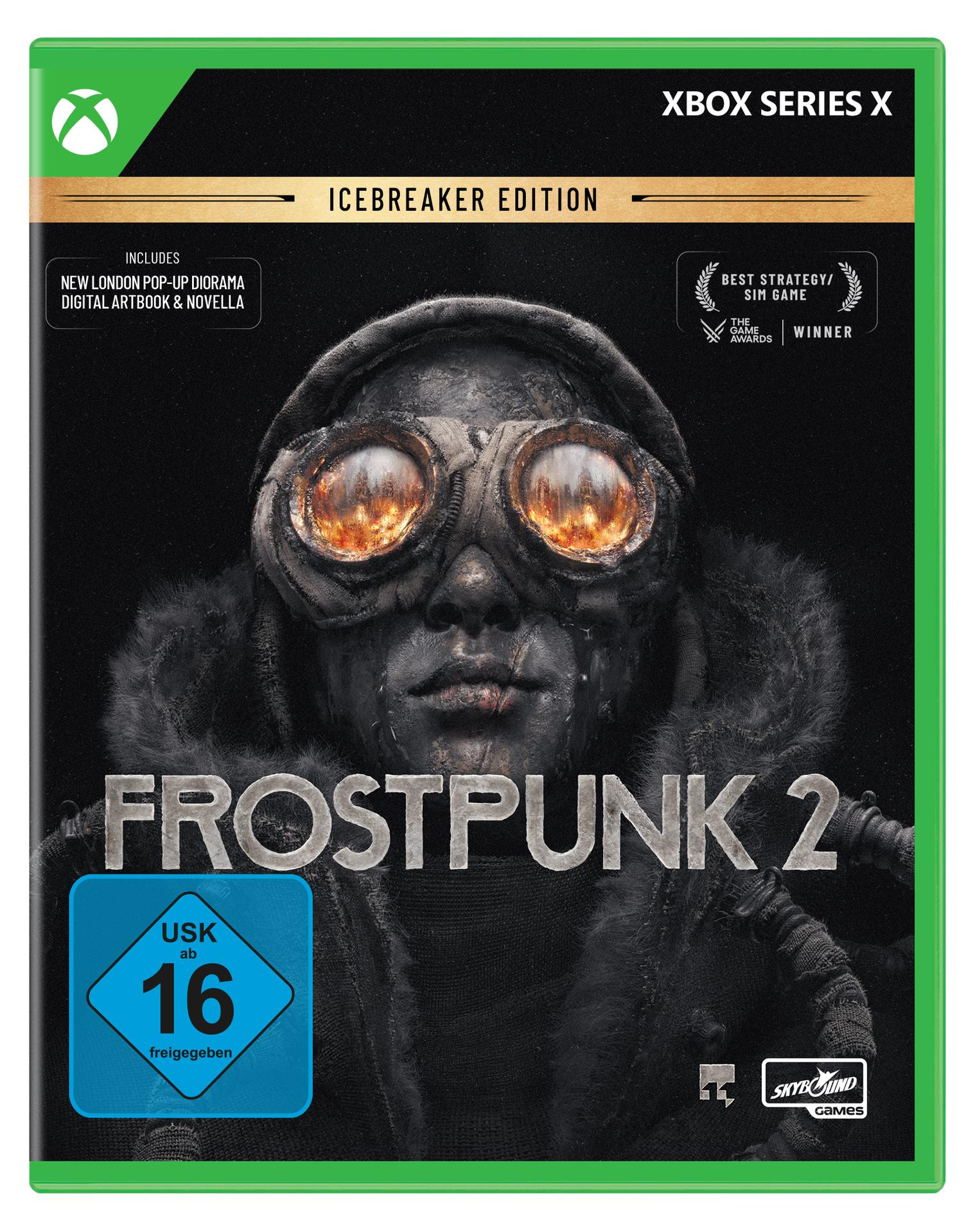 Frostpunk 2-Spielbox. Ein Gesicht mit Schutzbrille ist zentriert, mit Spieltitel darunter. Xbox Series X, Icebreaker Edition und USK 16 Logo.