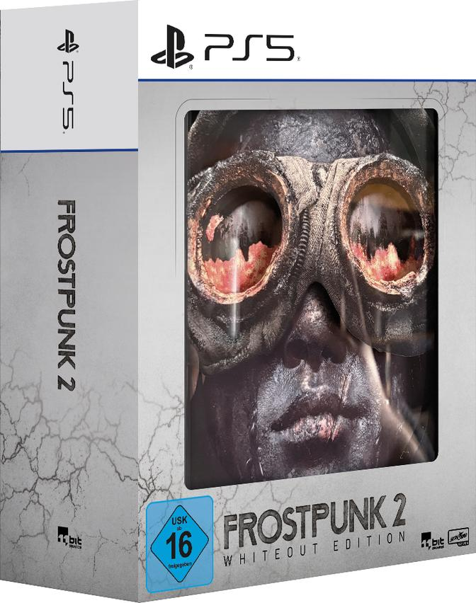 PS5 Frostpunk 2 Whiteout Edition Spielbox. Nahaufnahme eines Gesichts mit Brille. USK 16 Bewertung. Grau-weißes Farbschema.