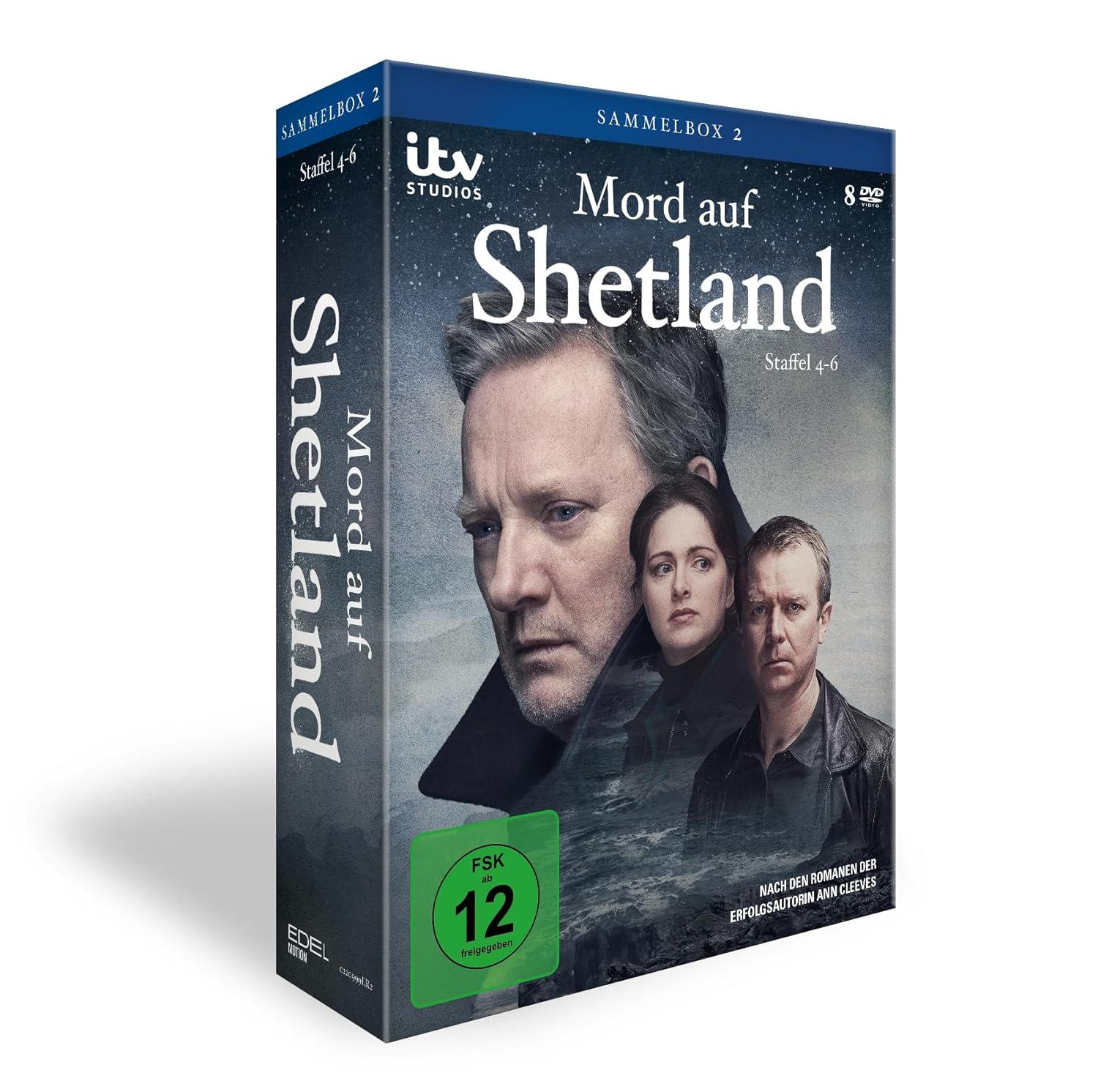 DVD-Box-Set von 'Mord auf Shetland' mit Gesichtern von Schauspielern, Text auf Deutsch. FSK 12. Der Hintergrund ist dunkelblau.
