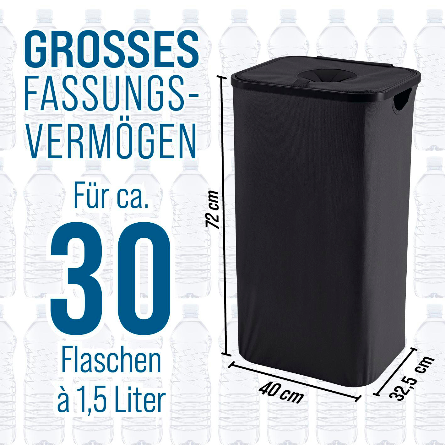 Schwarzer Wäschekorb mit Abmessungen. Text gibt an, dass er 30 Flaschen à 1,5 Liter fassen kann. Hintergrund hat Wasserflaschen.