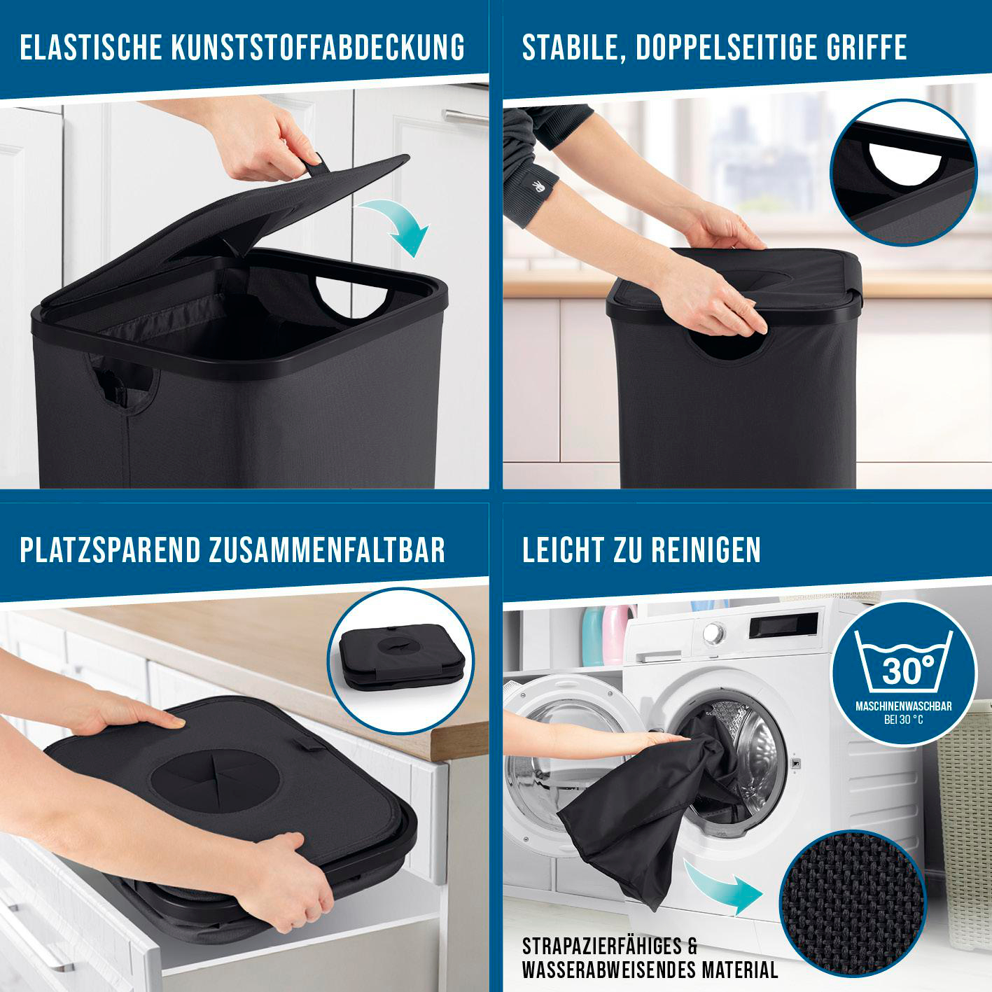 Ein schwarzer Wäschekorb mit Deckel, Griffen und faltbarem Design. Merkmale sind strapazierfähiges, wasserdichtes Material und Maschinenwaschbarkeit bei 30°C.