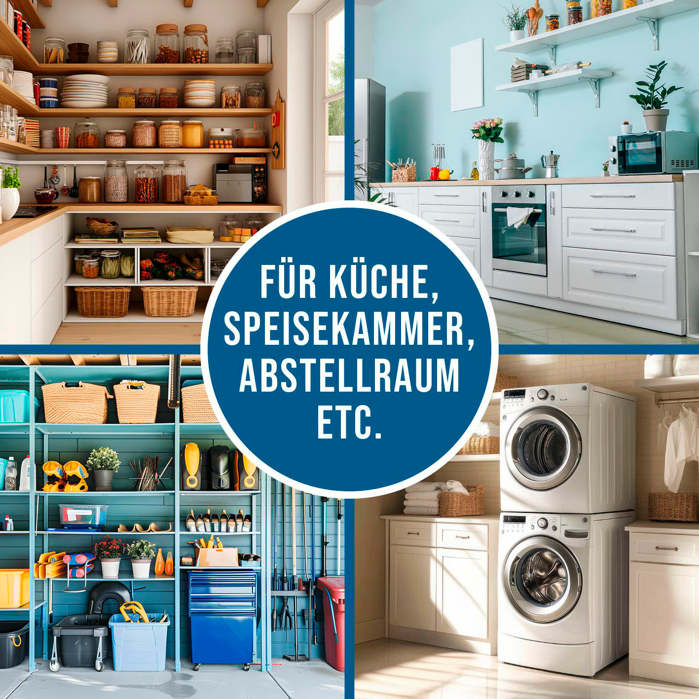 Collage: Vorratskammer mit Gläsern, Küche mit Geräten, Abstellraum mit Werkzeugen und Waschküche mit gestapelten Maschinen.