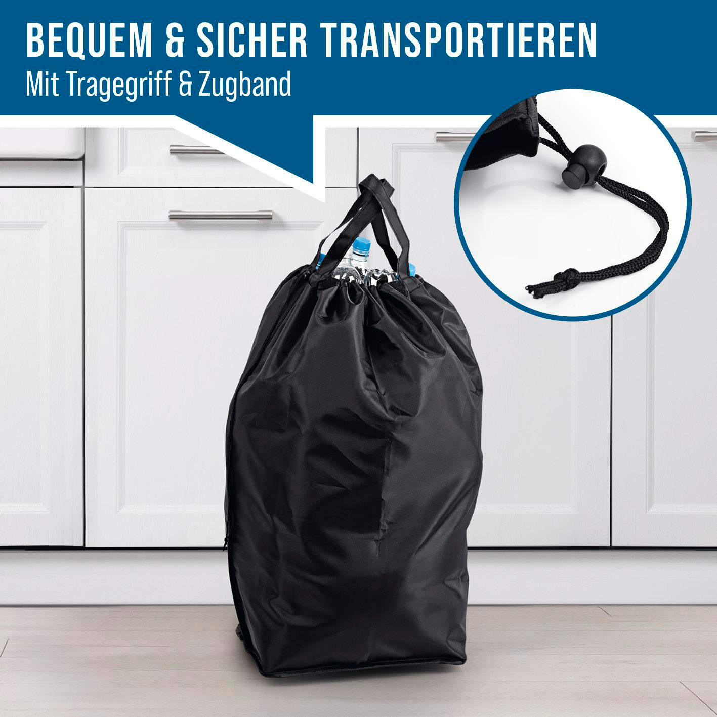 Eine schwarze Tasche mit Kordelzugverschluss wird gezeigt, möglicherweise zum Tragen von Gegenständen. Weiße Schränke sind im Hintergrund.