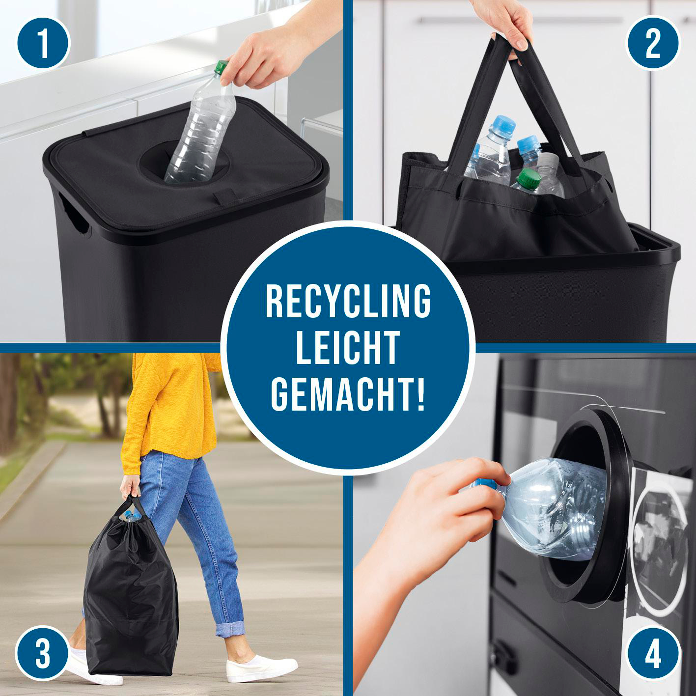 Das Bild zeigt Recycling-Schritte. Flaschenentsorgung in einen Behälter, Flaschen in einer Tasche tragen, Person mit einer Tasche und Flasche in Maschine.