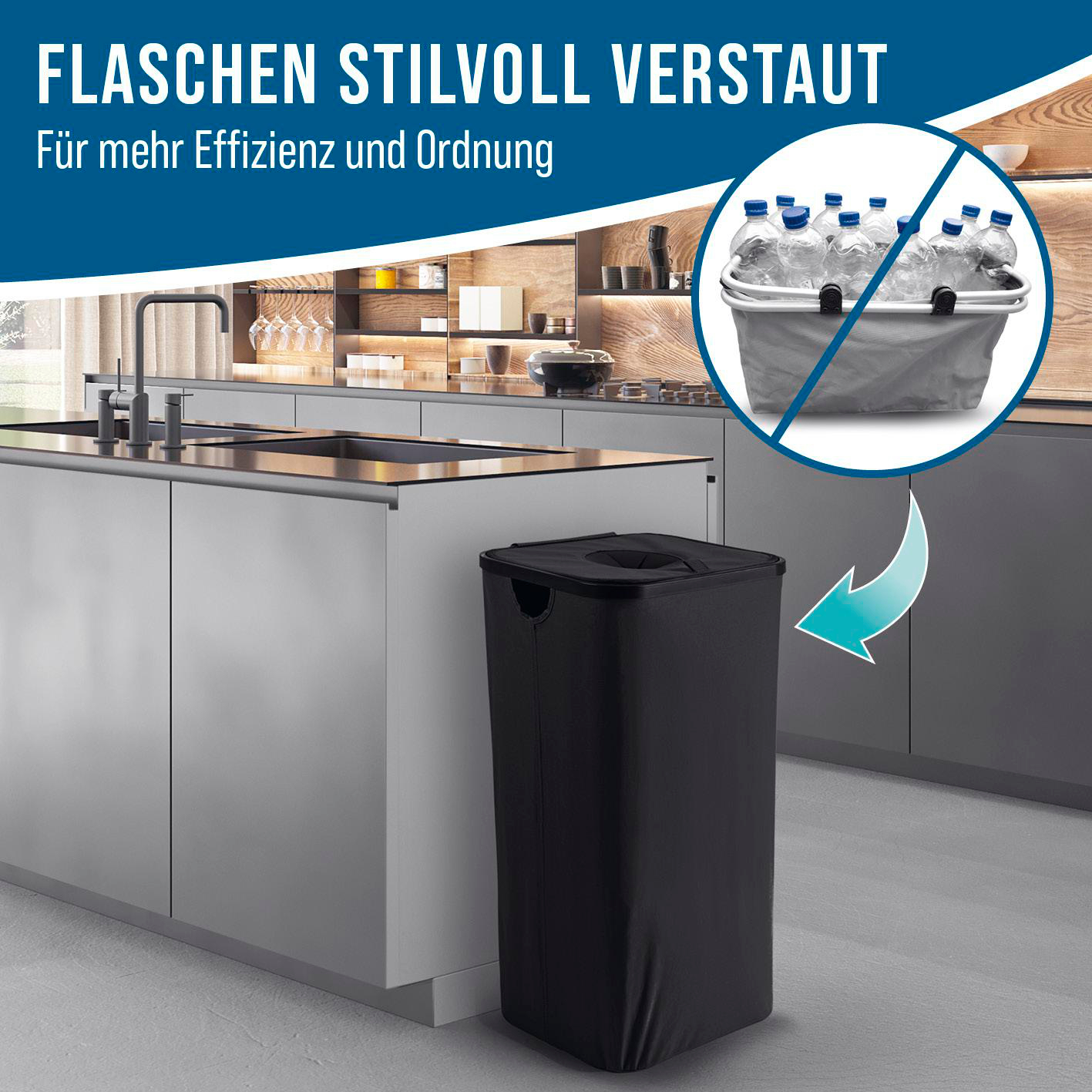 Eine Küchenszene zeigt einen schwarzen Aufbewahrungsbehälter. Eine Grafik zeigt einen durchgestrichenen Behälter mit Wasserflaschen, mit einem Pfeil zum Behälter.
