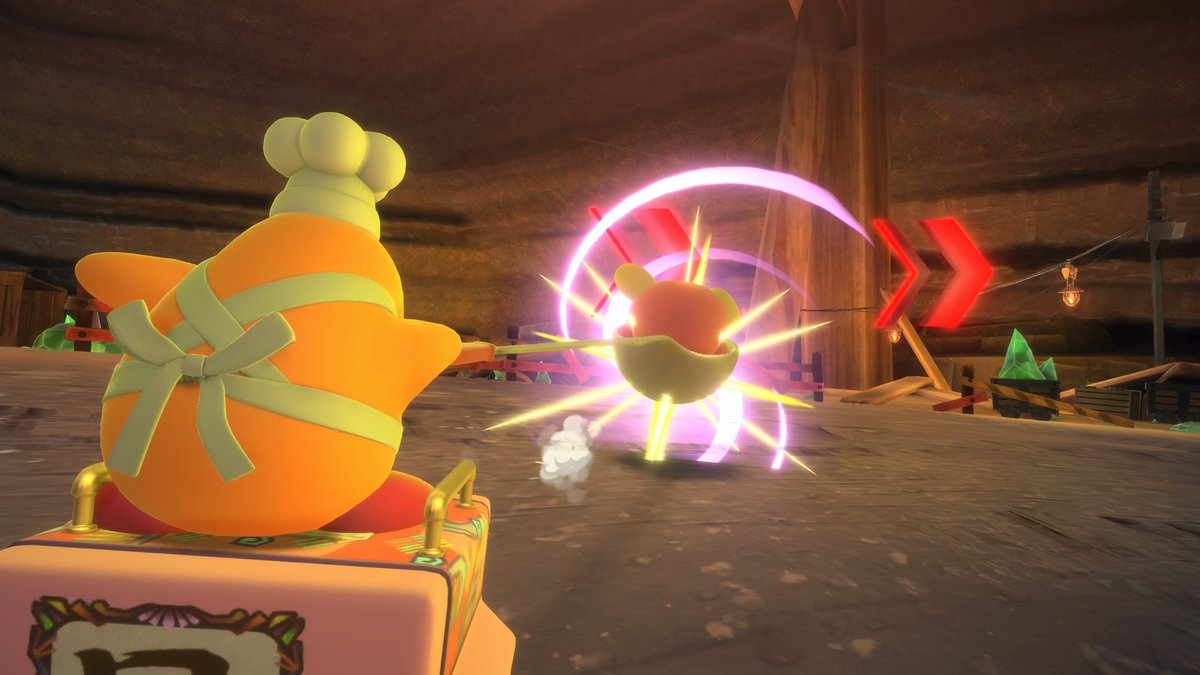 An orange character in a chef's hat and apron looks at another orange character emitting energy. Scene has red arrows and a mine cart.