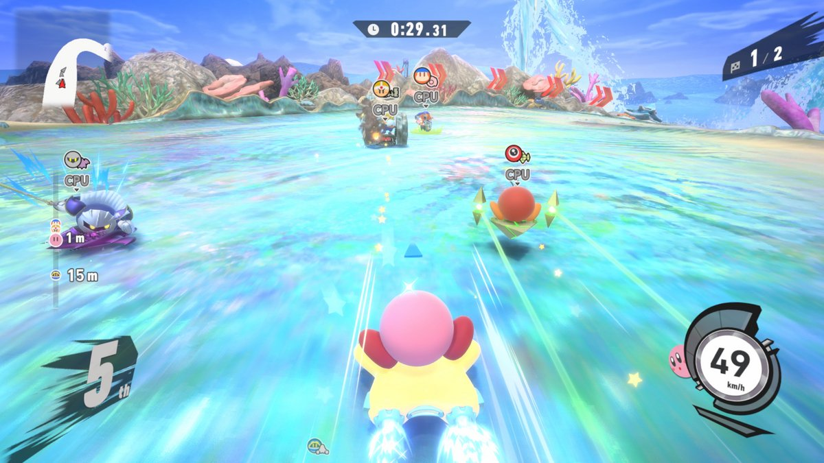 Kirby racing on water, in 5th place. Other characters race ahead. The timer shows 0:29.31. Speed is 49 km/h.