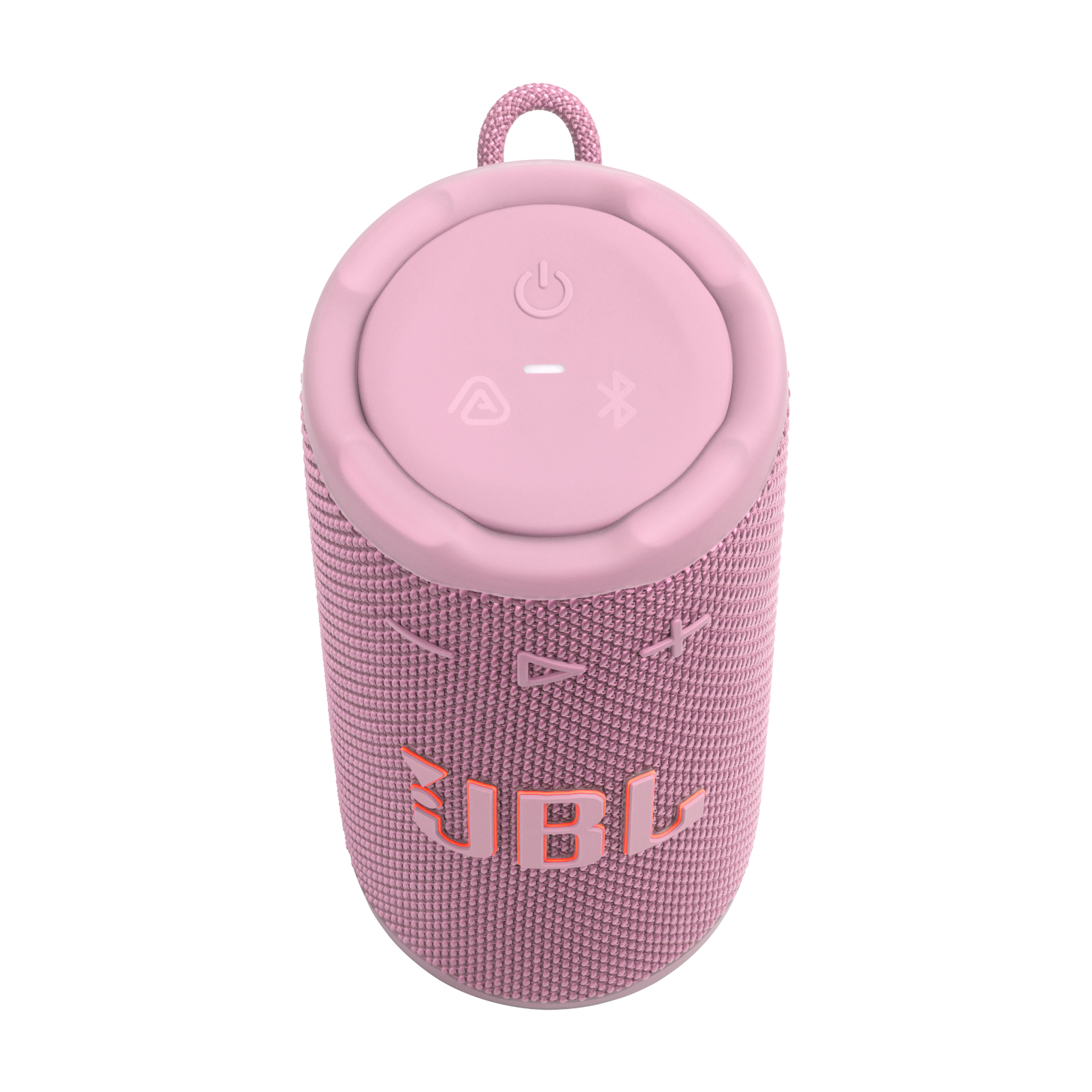 Rózsaszín JBL hordozható hangszóró narancssárga logóval. A tetején bekapcsolás és Bluetooth szimbólumok vannak. Felül egy hurok található. Világos háttér.