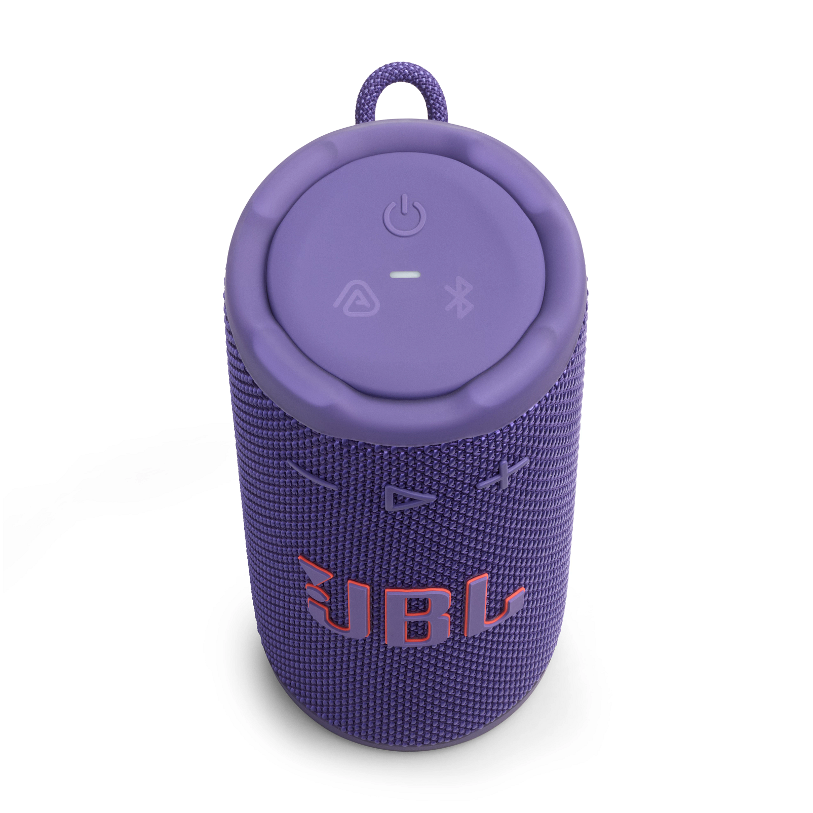 Ein lila tragbarer JBL-Lautsprecher mit rotem JBL-Logo. Er hat einen Ein-/Ausschalter und eine Schlaufe zum Tragen.