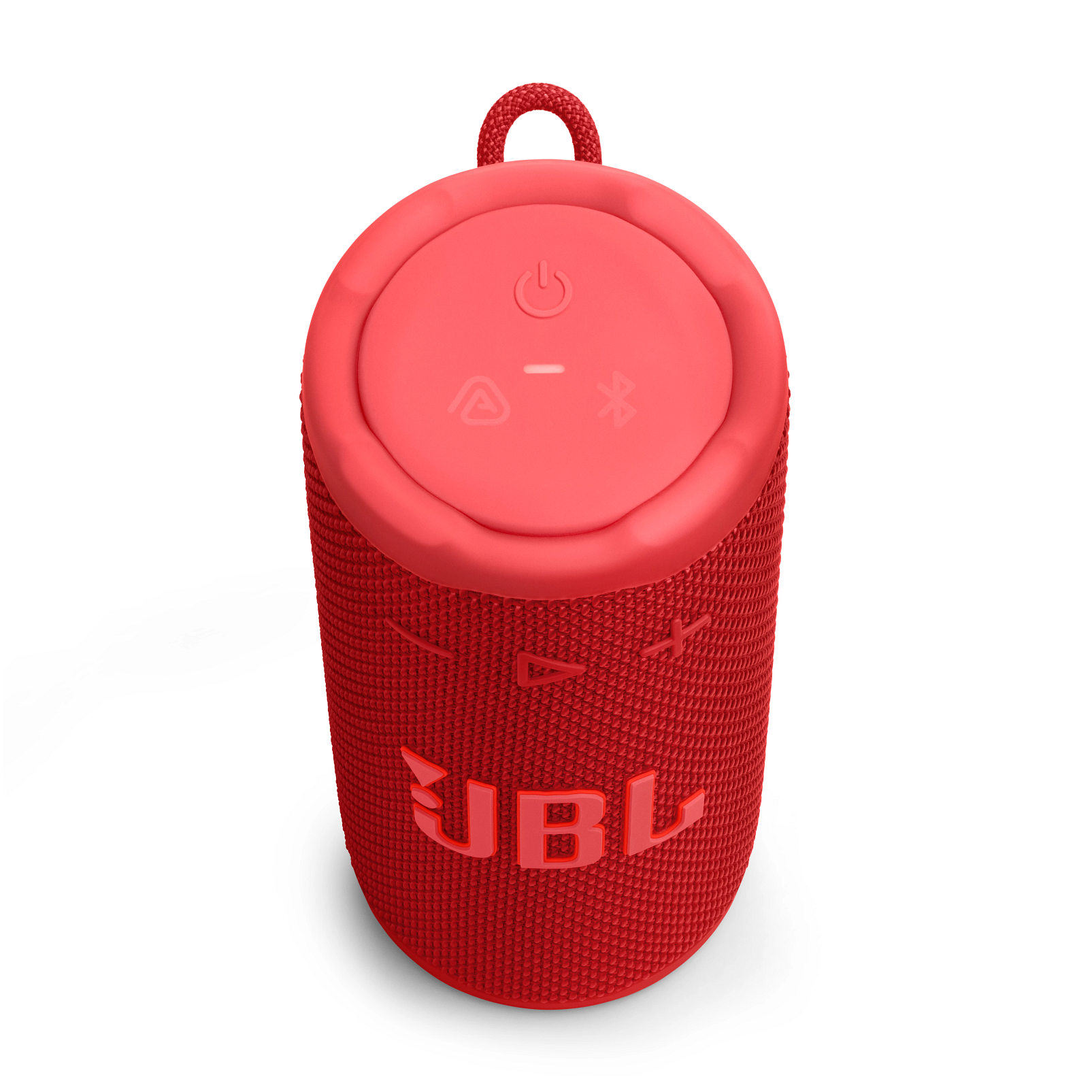 Egy piros JBL hordozható hangszóró, kerek felső résszel és vezérlő ikonokkal. Szőtt textúrája van, a tetején egy hurokkal.