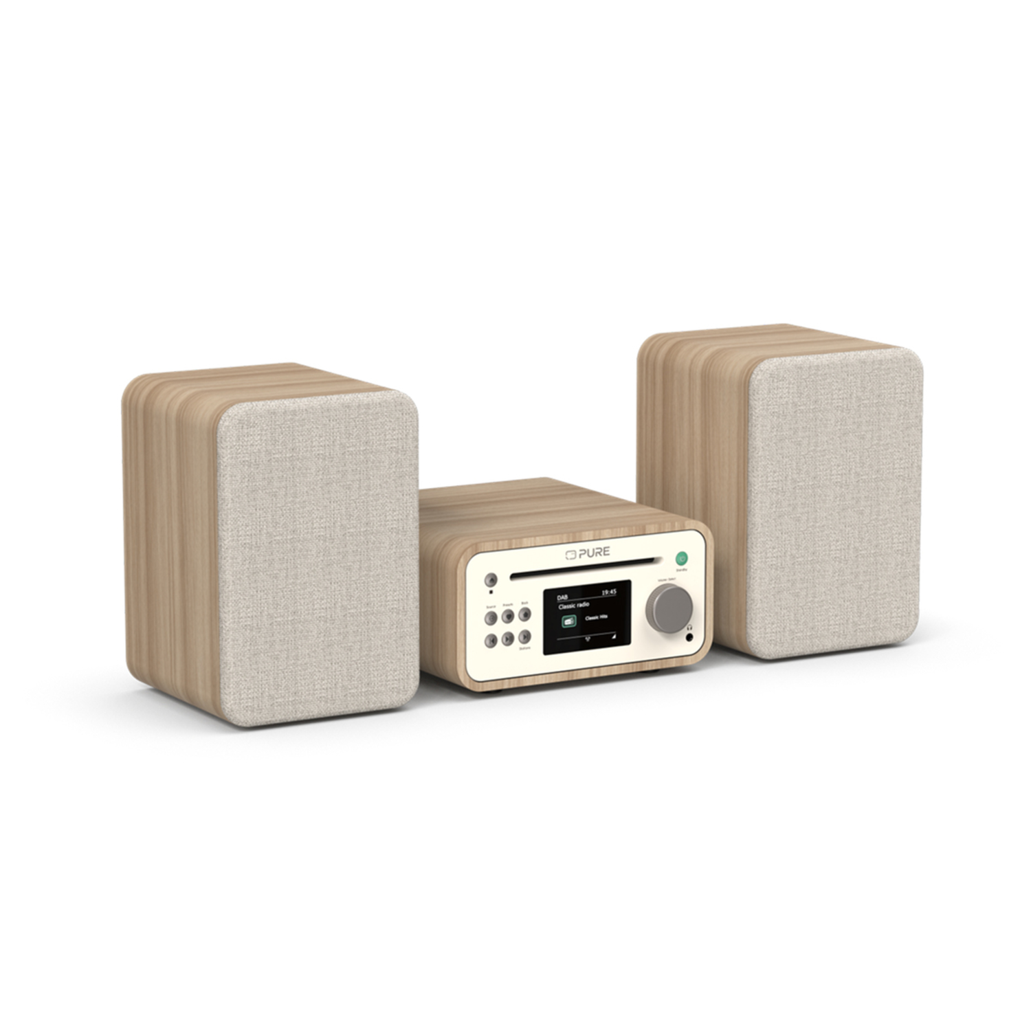 A wooden stereo system with two speakers and a central unit. The central unit has a display and controls. The speakers are light beige.