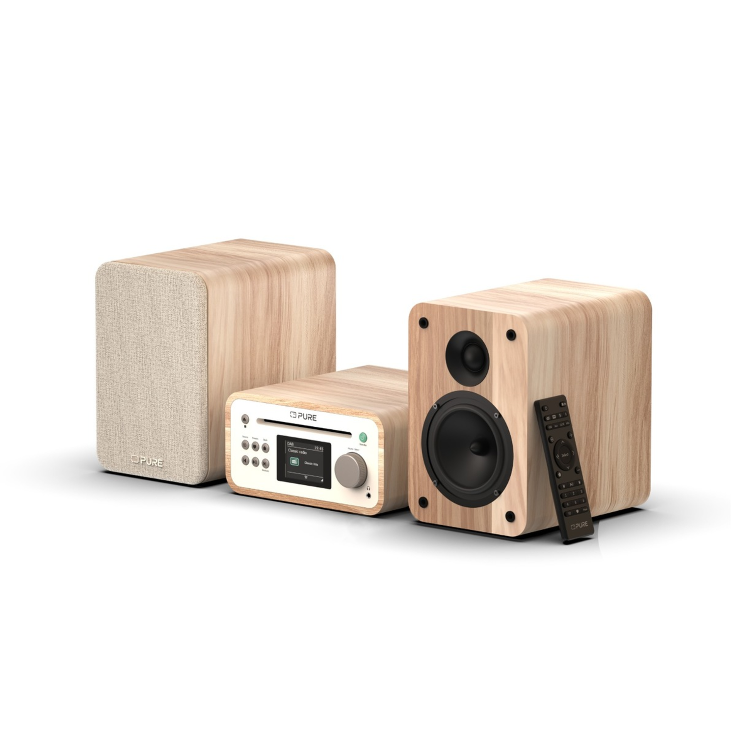 A wooden radio system with three components: a speaker, a control unit, and a speaker. A remote control is on the right.