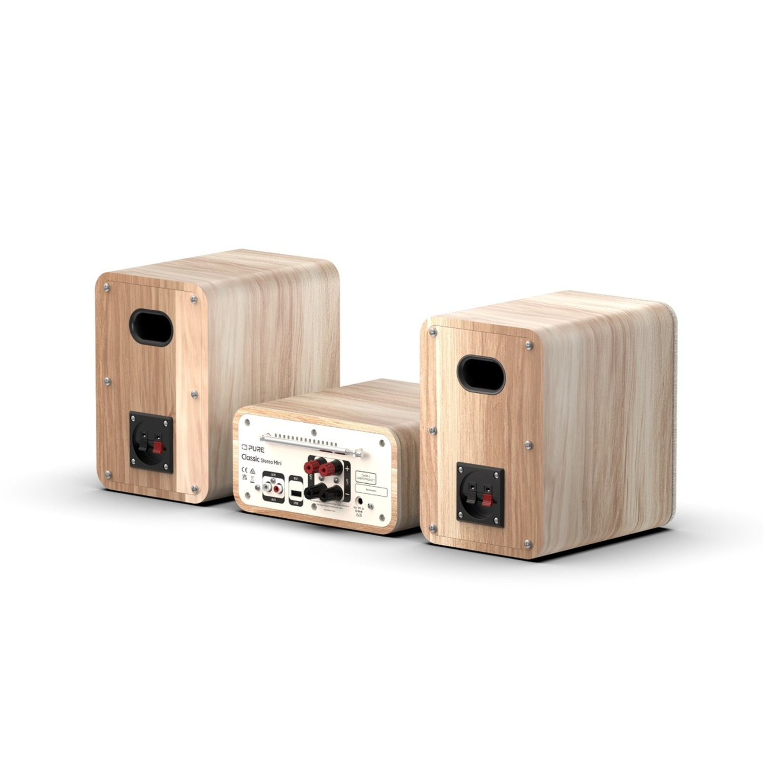 Three wooden speakers on white background. One speaker is in the middle and the other two are on each side. Each has a black hole.