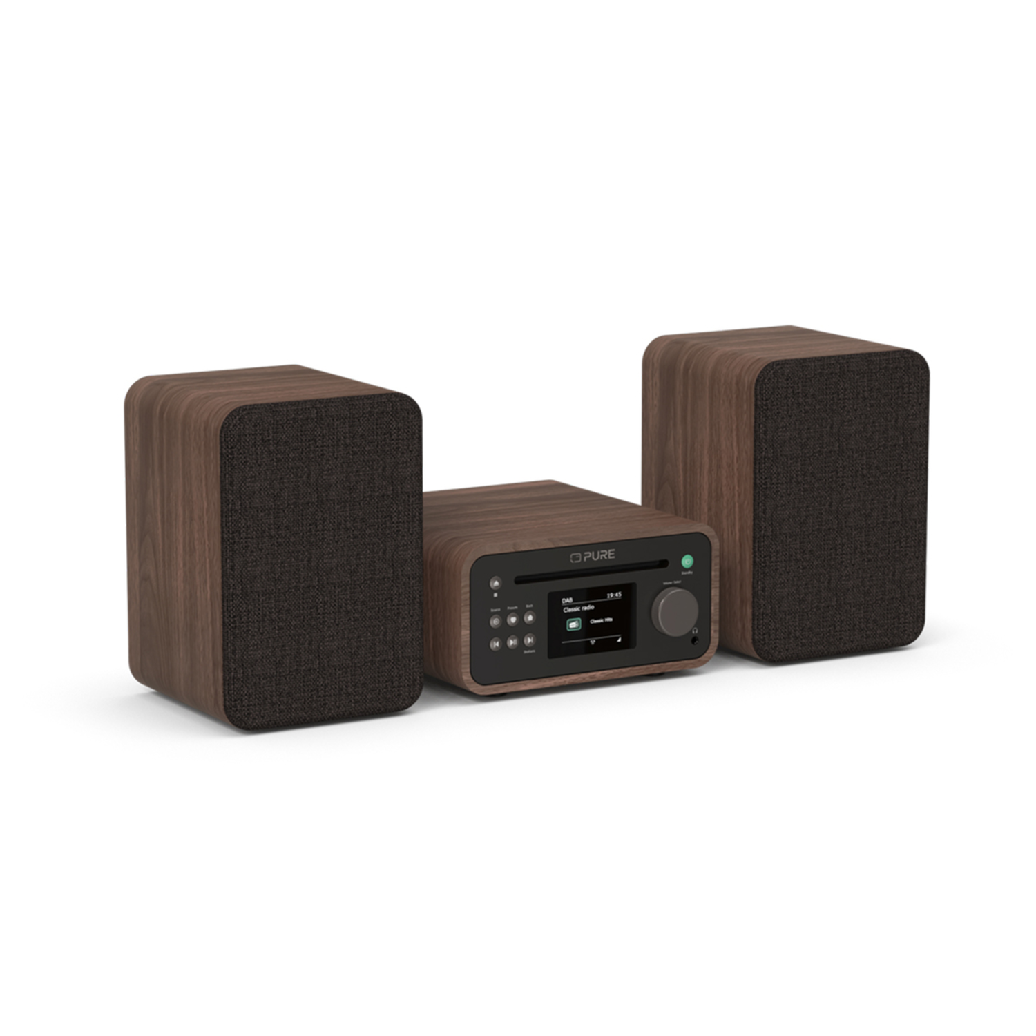 A brown wooden stereo system with two speakers and a central unit displaying a screen and controls. The system is on a white surface.