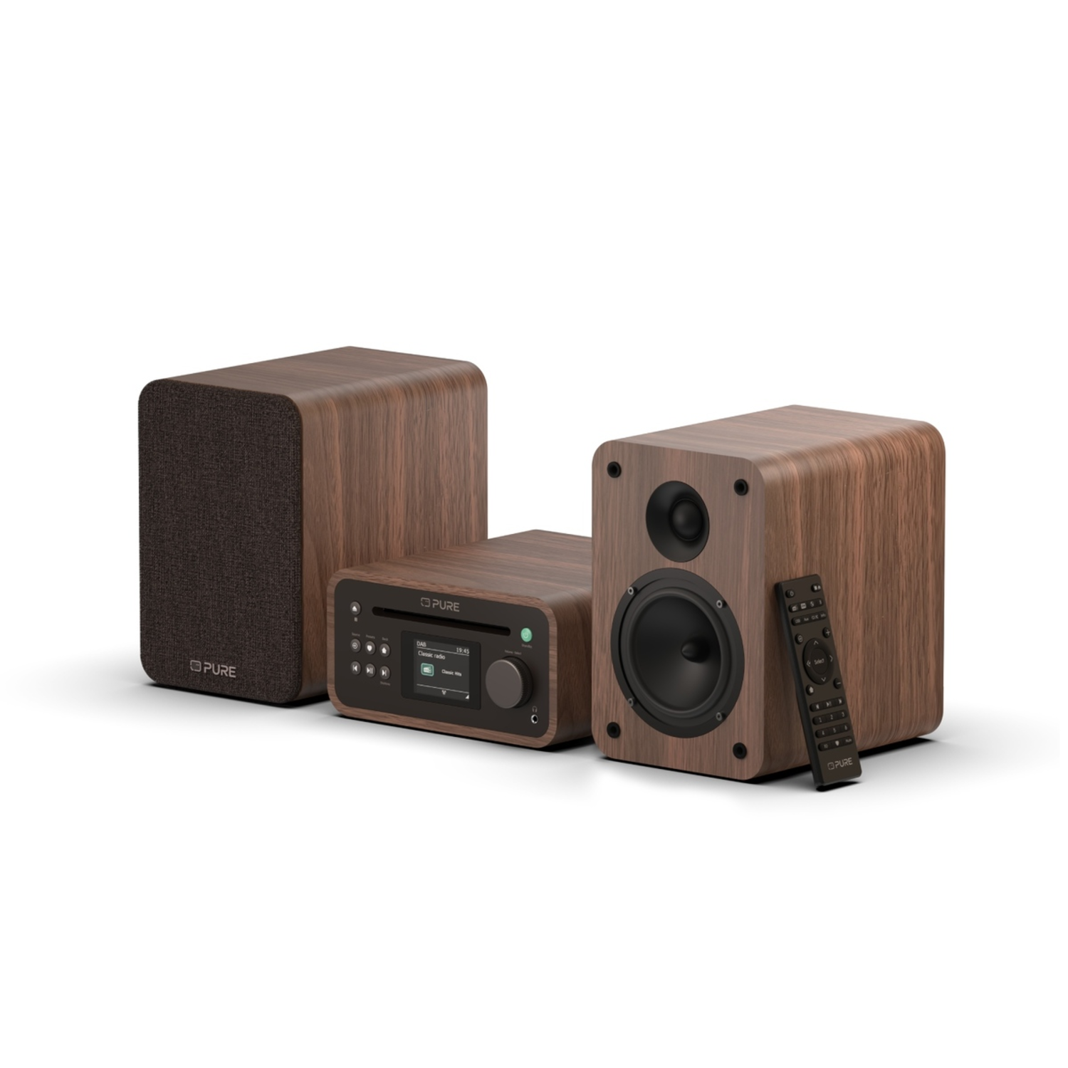 A wooden stereo system with two speakers, a CD player, and a remote. The system is on a white background.