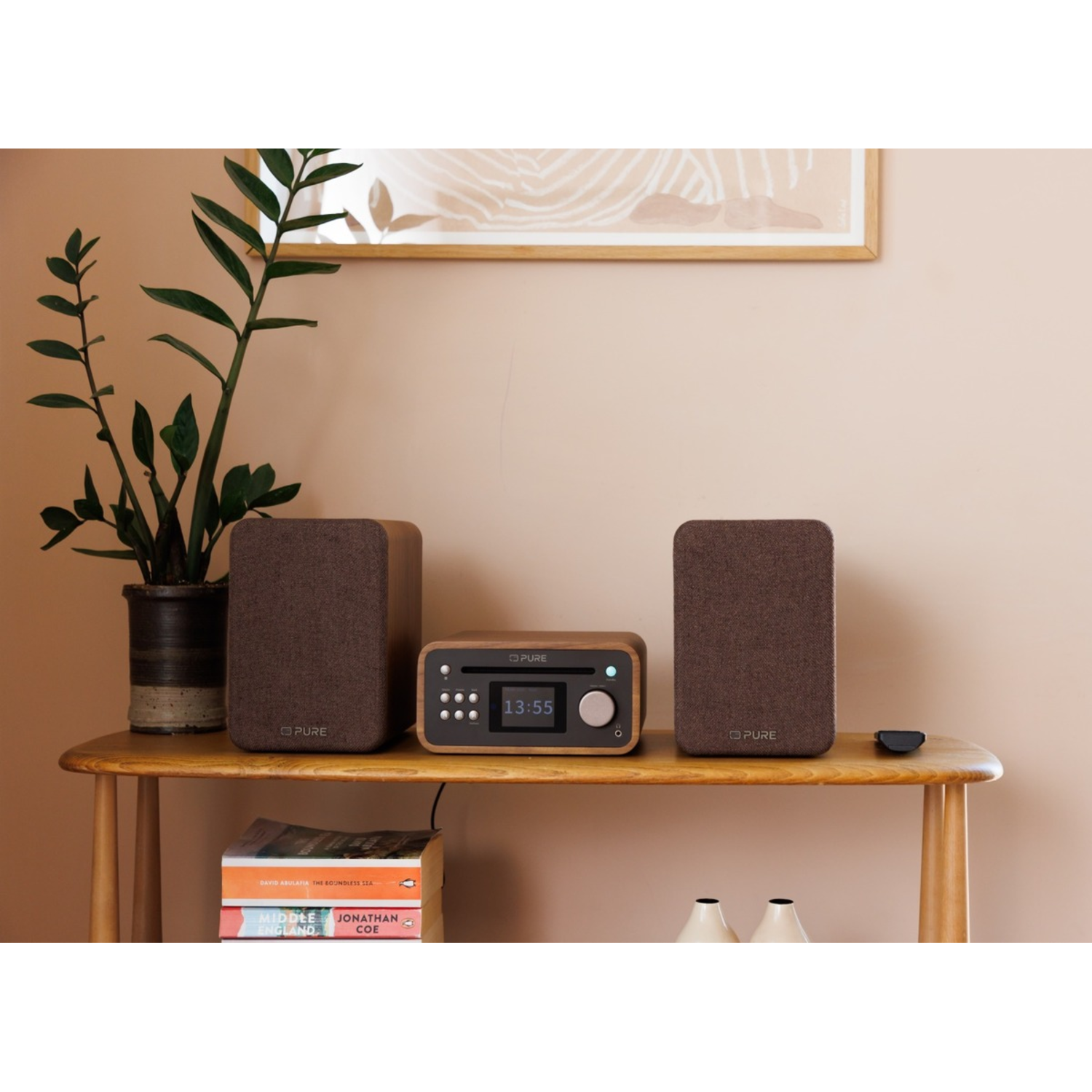A wooden table holds a stereo system, speakers, and a plant. Books are stacked below. The background is a beige wall.