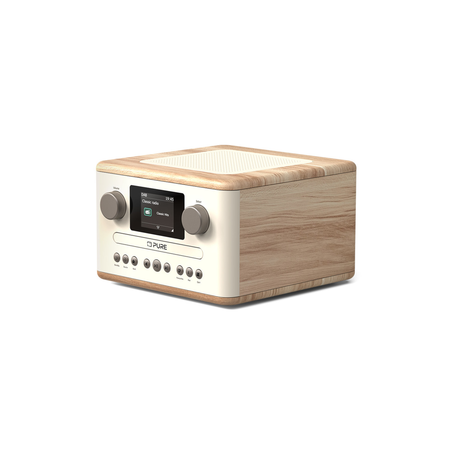 A wooden and cream-colored radio. It has a screen displaying 'Classic radio'. Buttons for volume, select and presets are visible.