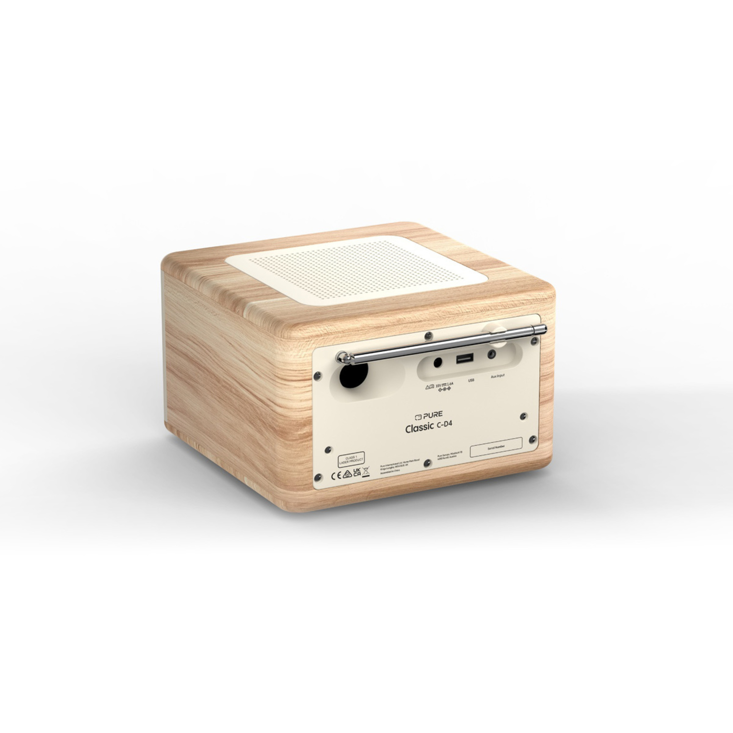 Wooden radio. Beige top with speaker holes. Silver antenna and buttons. The brand is Pure Classic C-D4. Background is white.