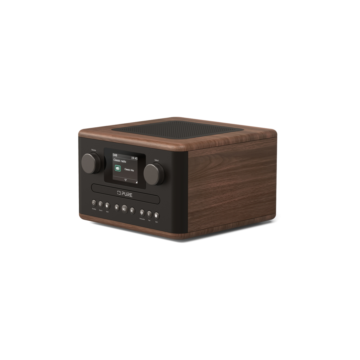 A wooden radio with a black front panel. It displays DAB, classic radio, and the time. There are buttons and knobs for control.