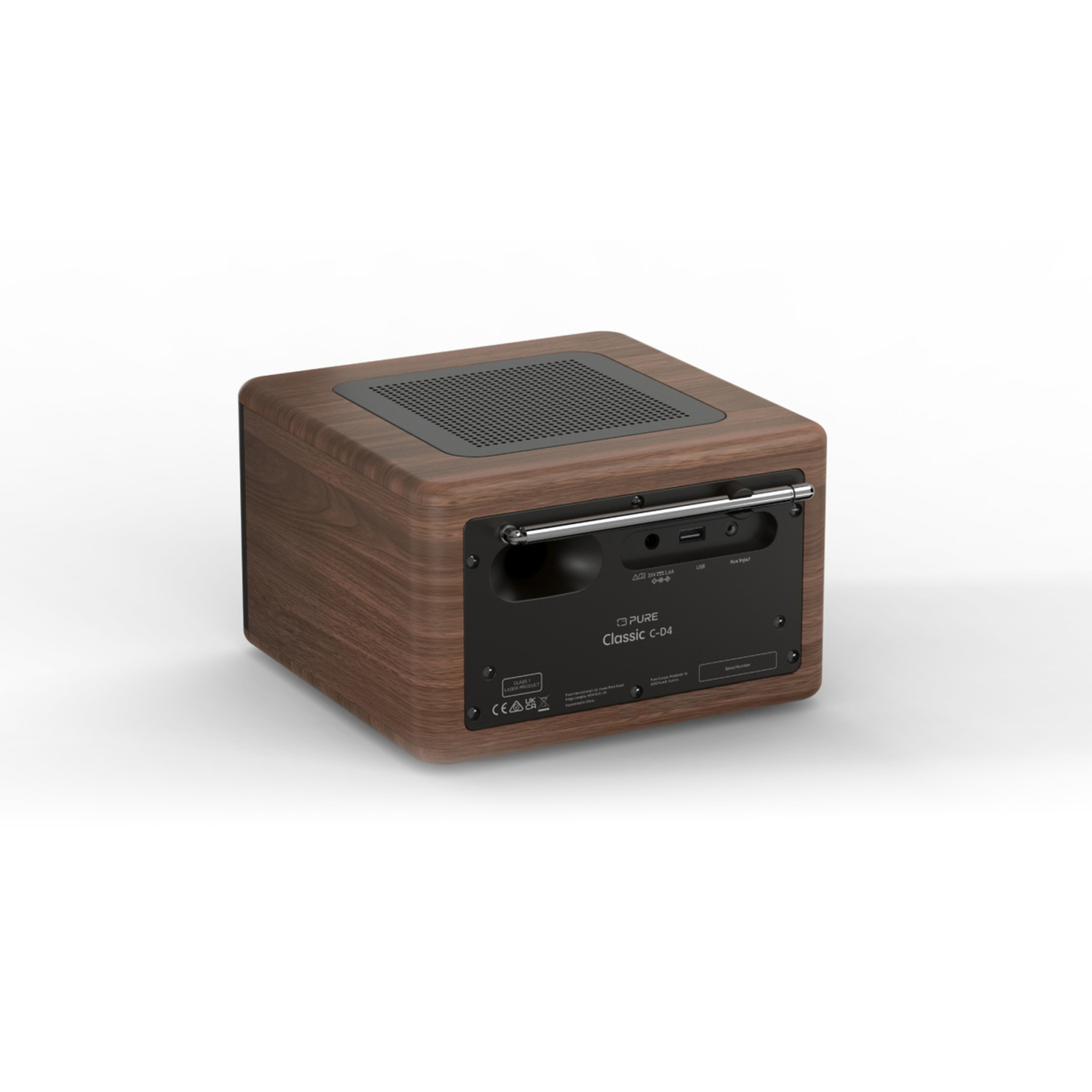 A brown wooden radio with a black speaker grill on top. It has a silver antenna and various ports on the back.