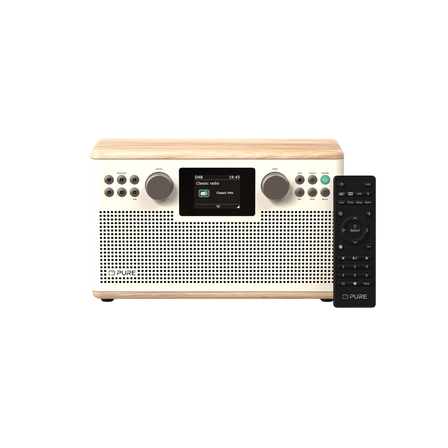 Ein weißes und hölzernes Radio mit Display, das Radioinformationen anzeigt. Es hat Knöpfe und eine Fernbedienung. Die Marke ist PURE.