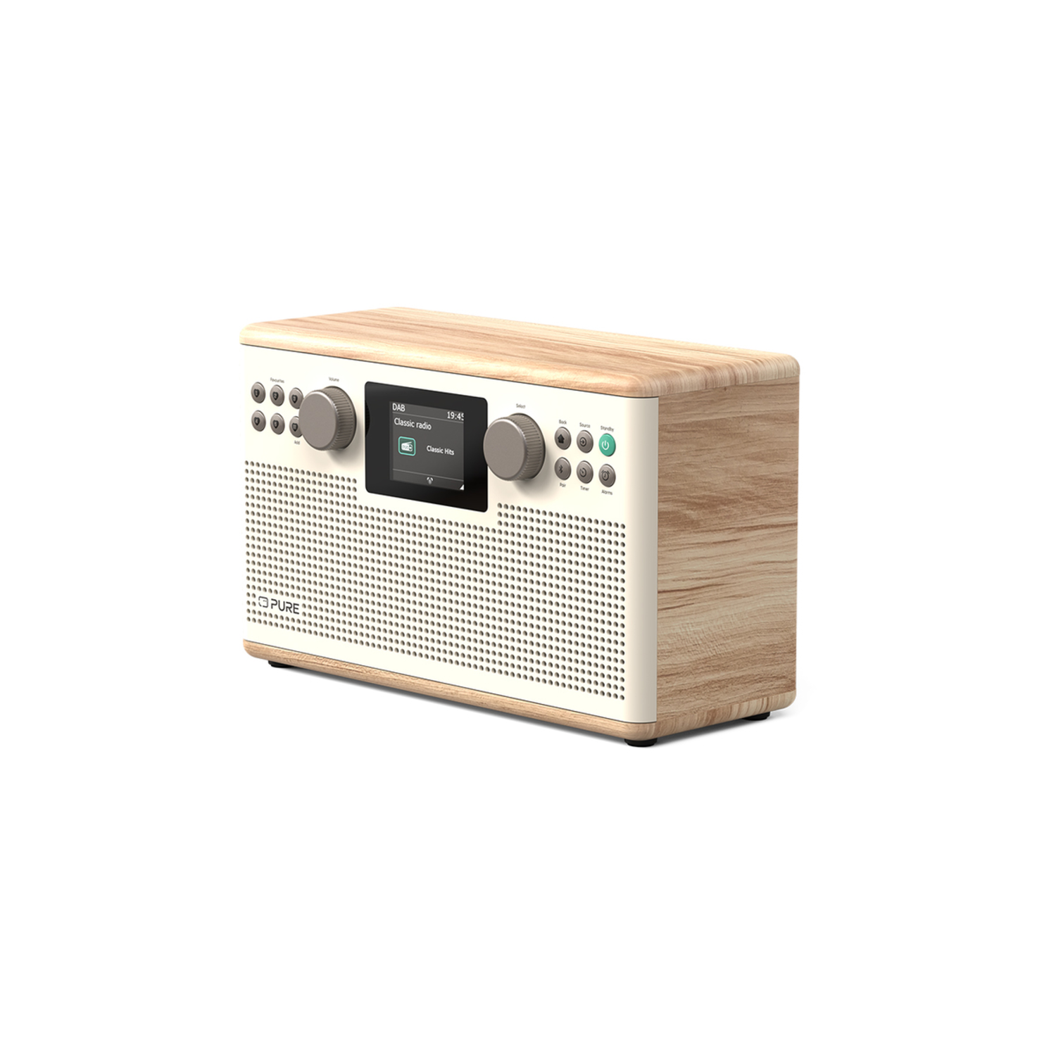 Ein digitales Radio aus Holz und Creme. Es hat einen Bildschirm, Knöpfe und Drehregler für Lautstärke und Tuning. Der Hintergrund ist weiß.