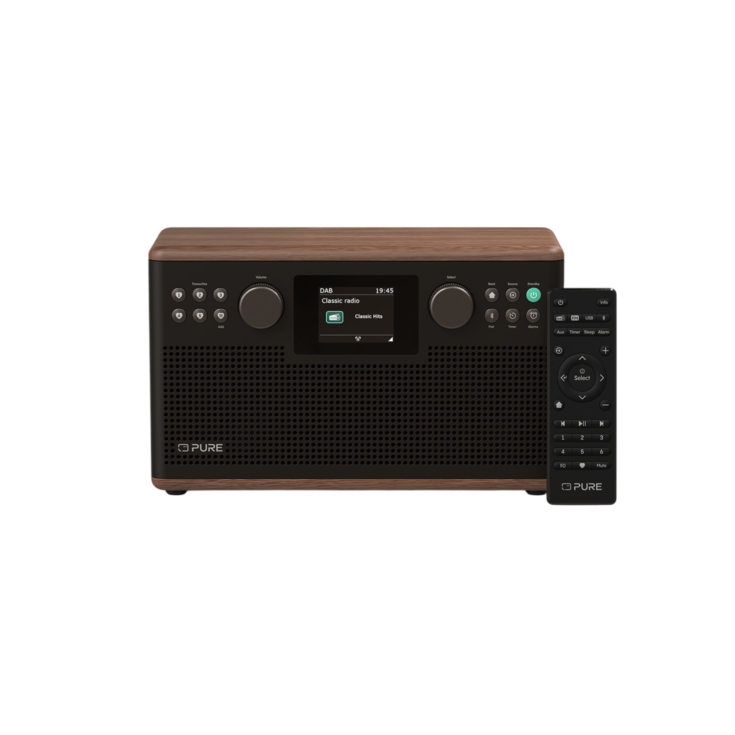 Ein Pure-Radio mit Fernbedienung. Das Radio ist braun und schwarz mit einem Display. Die Fernbedienung ist schwarz.