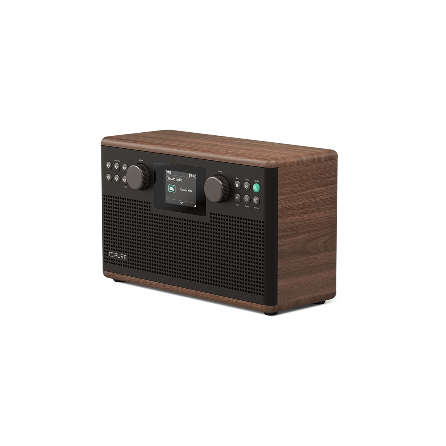 Ein braunes Holzradio mit schwarzem Lautsprechergrill. Es hat ein kleines Display mit Radioinformationen und Bedienknöpfen.