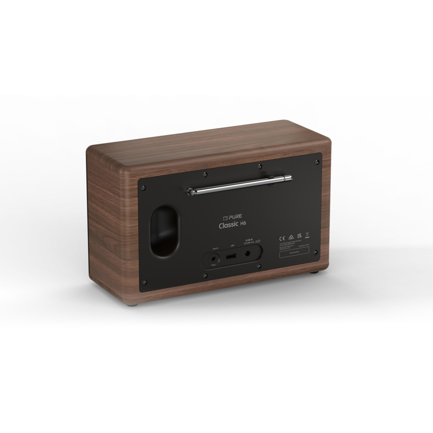 Ein braunes Holzradio mit schwarzer Rückwand. Es hat eine silberne Antenne und der Markenname "PURE Classic H6" ist sichtbar.