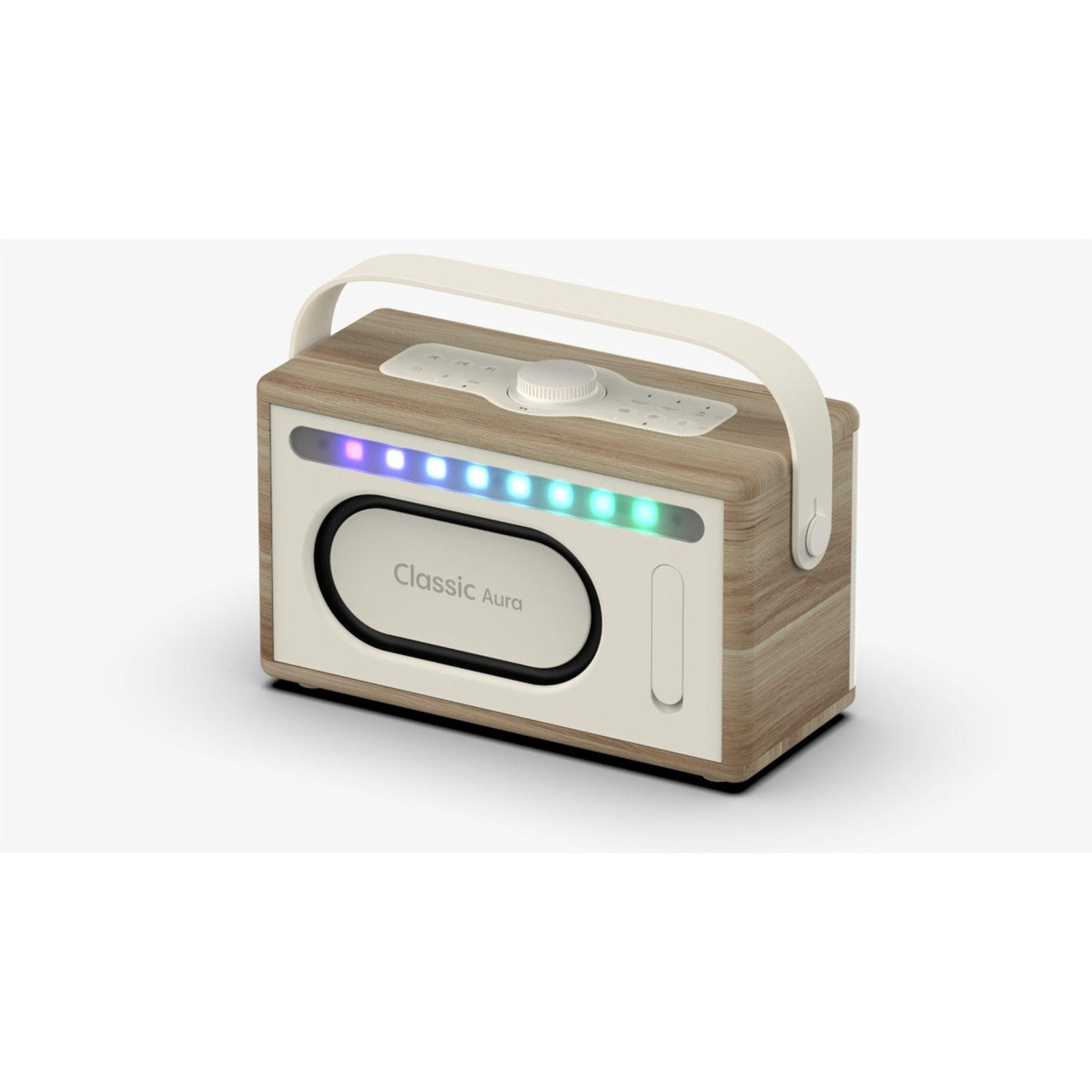 Ein Holzradio mit Griff. Es hat eine cremefarbene Vorderseite mit den Worten 'Classic Aura' und einem Streifen farbiger Lichter.