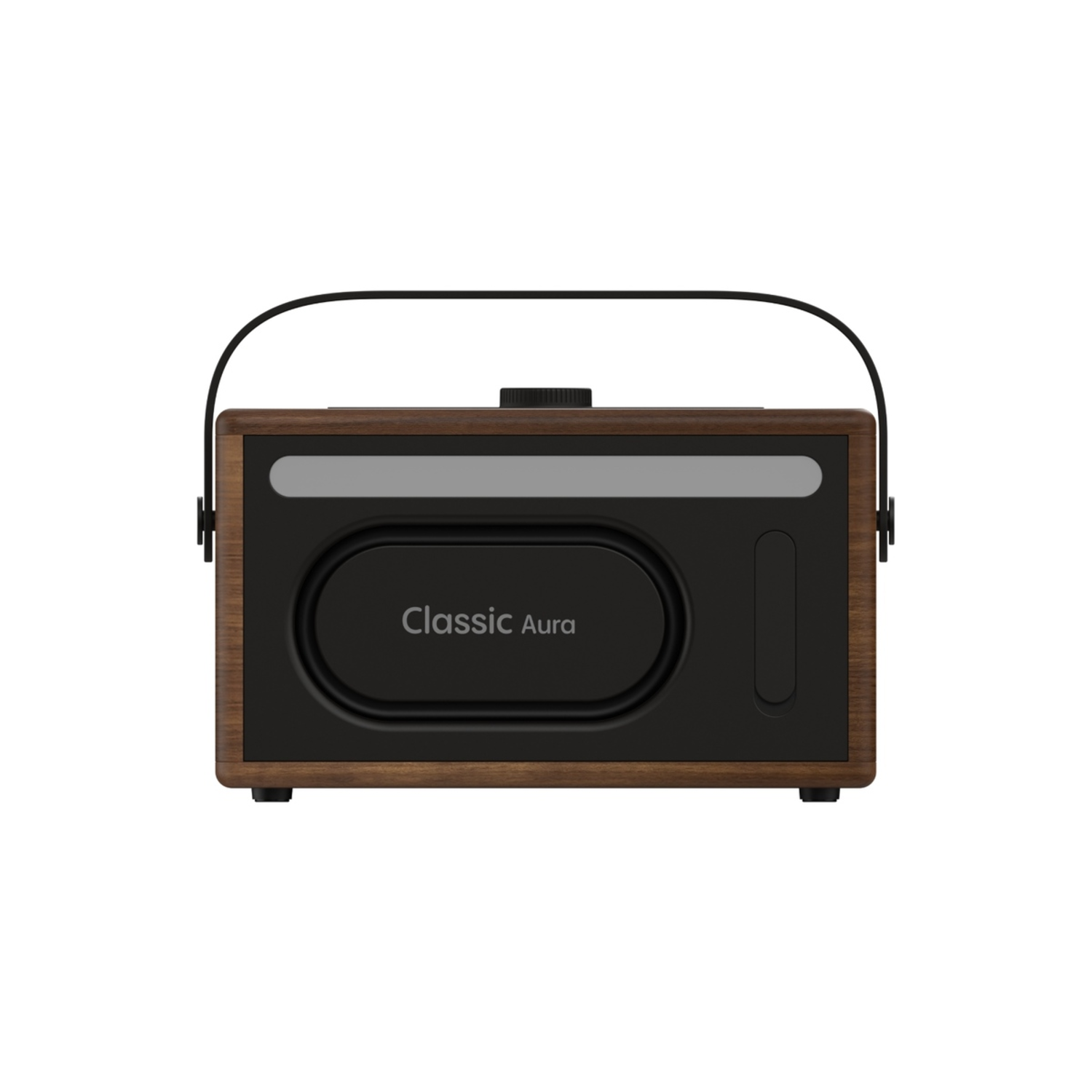 Ein Classic Aura Radio aus Holz und Schwarz mit Griff. Es hat einen ovalen Lautsprecher und einen Drehknopf oben.