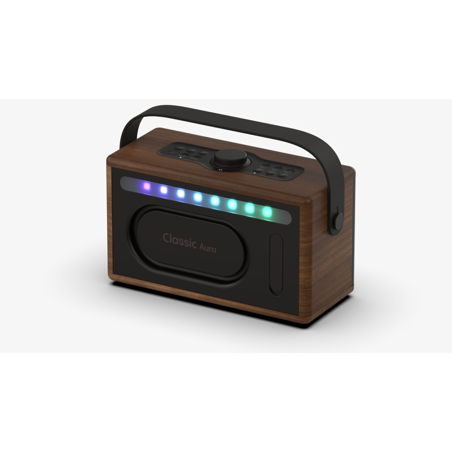 Ein Retro-Radio aus Holz mit schwarzem Griff und Frontplatte. Die Frontplatte hat bunte Lichter und die Aufschrift 'Classic Aura'.