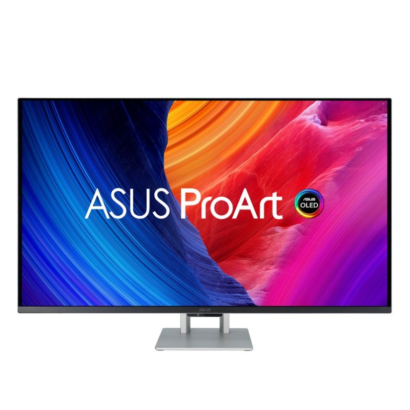 Monitor ASUS ProArt OLED. La pantalla muestra un fondo abstracto y colorido. El monitor tiene un soporte plateado y el logotipo de ASUS.