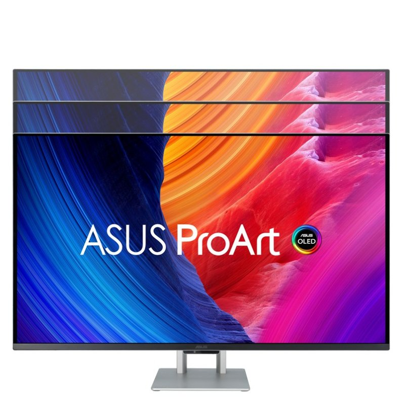 Un monitor ASUS ProArt OLED muestra un diseño abstracto colorido. El monitor está sobre un soporte plateado. La palabra OLED es visible.
