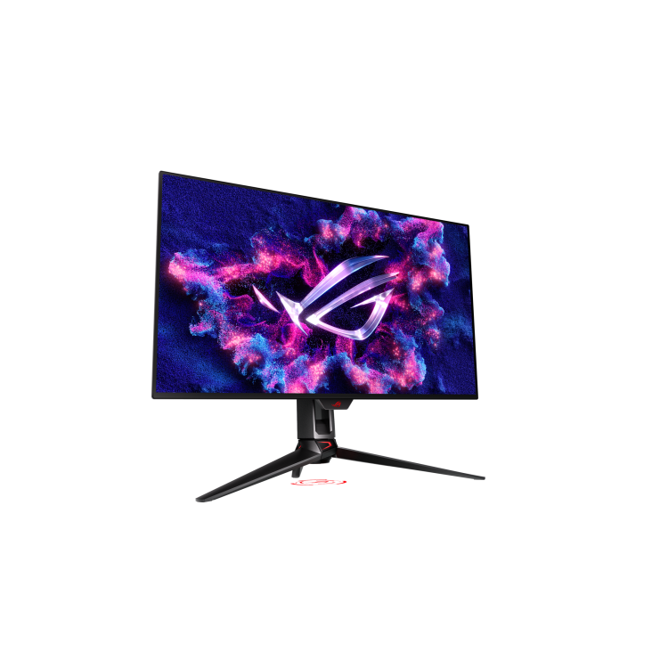 Un monitor para juegos con una pantalla vibrante que muestra un diseño abstracto y colorido. El monitor está sobre un soporte negro y rojo.