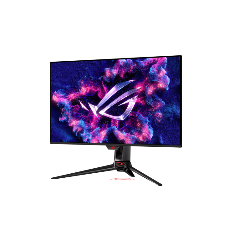 Un monitor de juegos sobre fondo negro. La pantalla muestra un diseño abstracto colorido. El monitor tiene un soporte con detalles rojos.