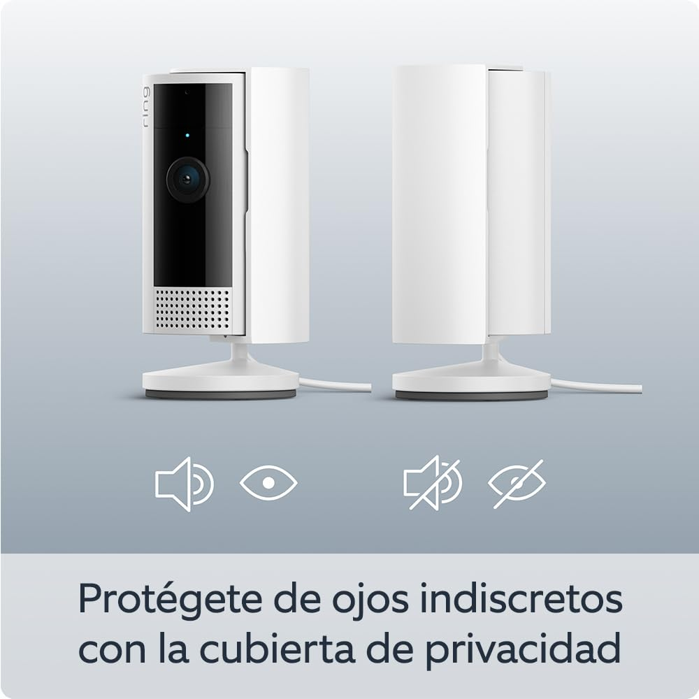 Dos cámaras de seguridad blancas. Una con lente expuesta, la otra con cubierta. Iconos de sonido y visibilidad están presentes. Texto: Protege de ojos indiscretos con la cubierta de privacidad.