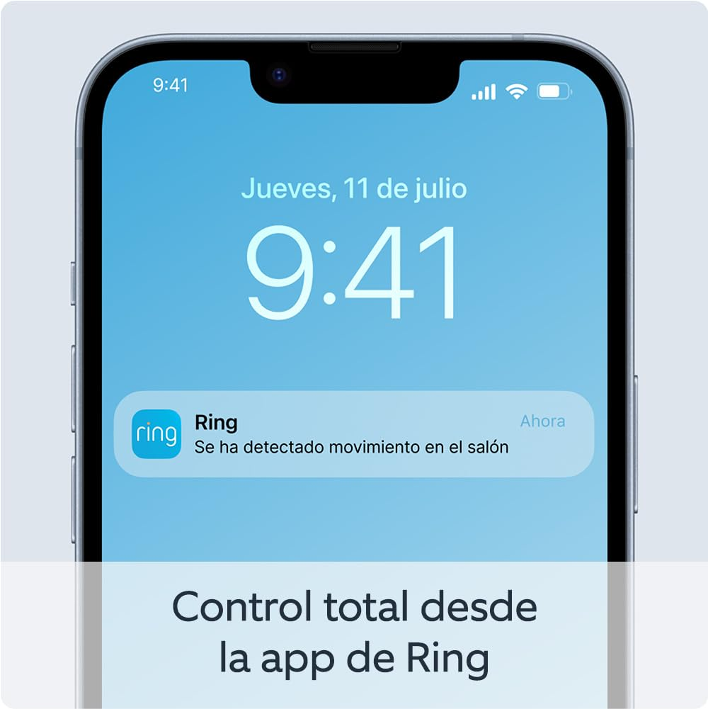 Una pantalla de teléfono muestra una notificación de Ring: movimiento detectado en la sala. La hora es 9:41. El texto dice 'Control total desde la app de Ring'.