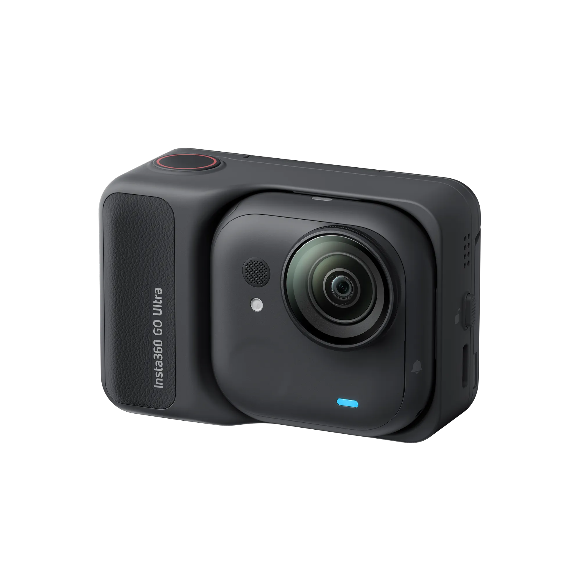 Una cámara negra Insta360 Go Ultra. Tiene lente, botones y un lado texturizado con el nombre del producto y una luz azul.