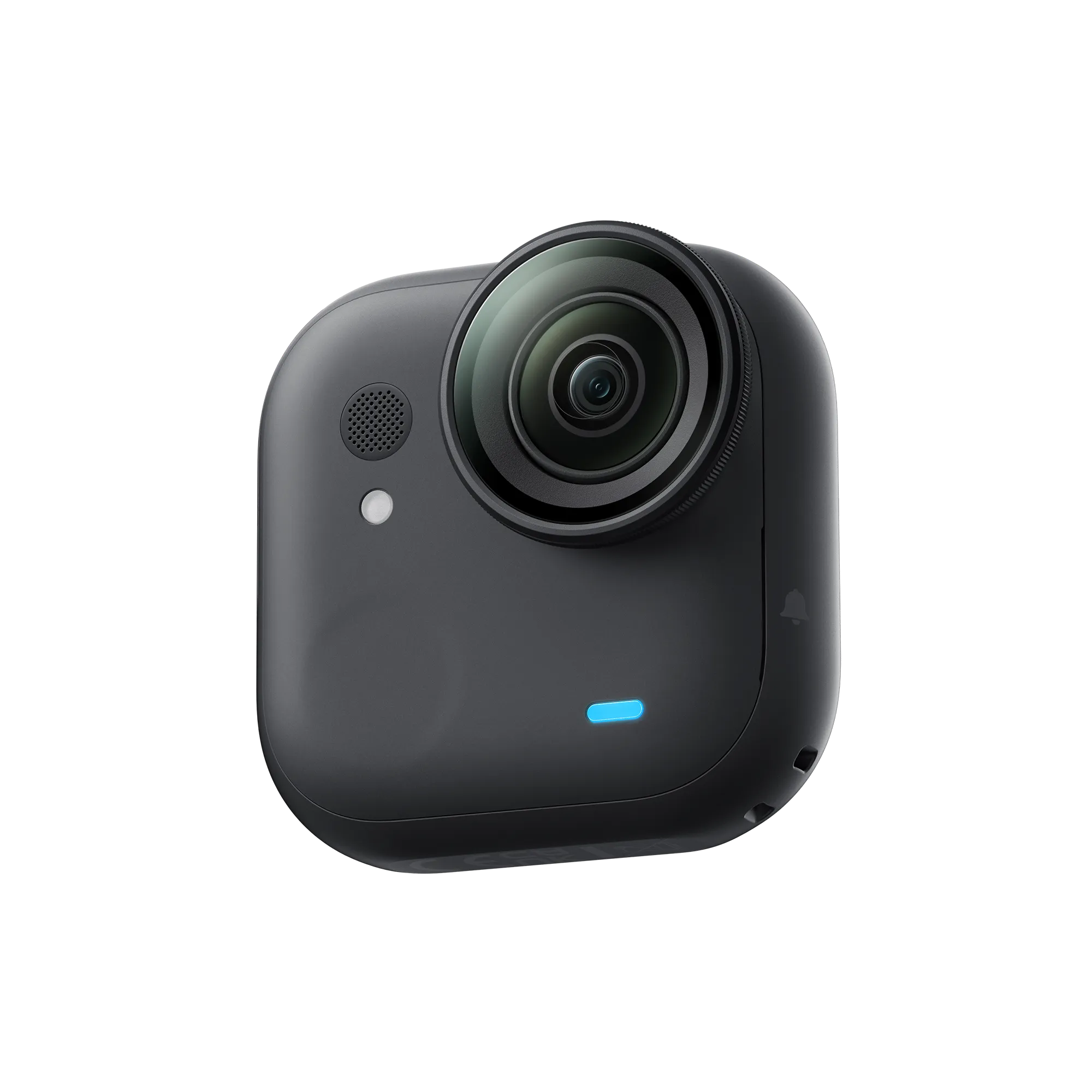 Una cámara negra de 360 grados sobre un fondo negro. Tiene una lente grande, altavoz, botón y luz azul.