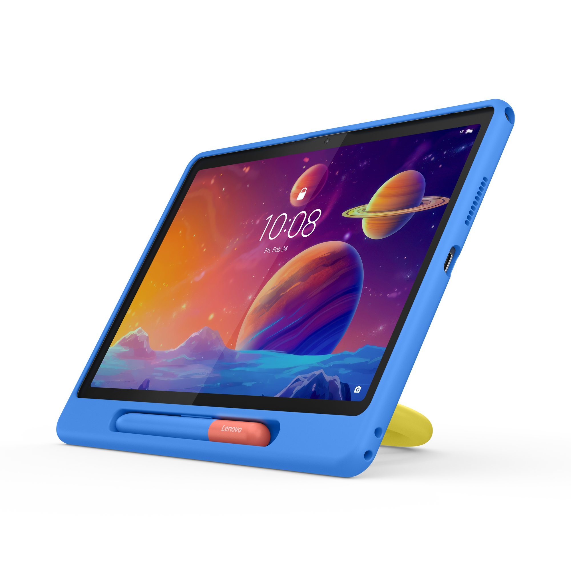 Tablet blu con sfondo spaziale, in custodia blu con supporto giallo. Penna e logo Lenovo visibili.