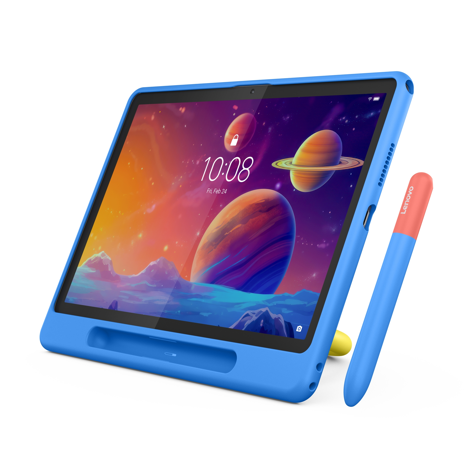 Un tablet blu con custodia blu e stilo rosso e blu. Lo schermo mostra una scena spaziale con pianeti.