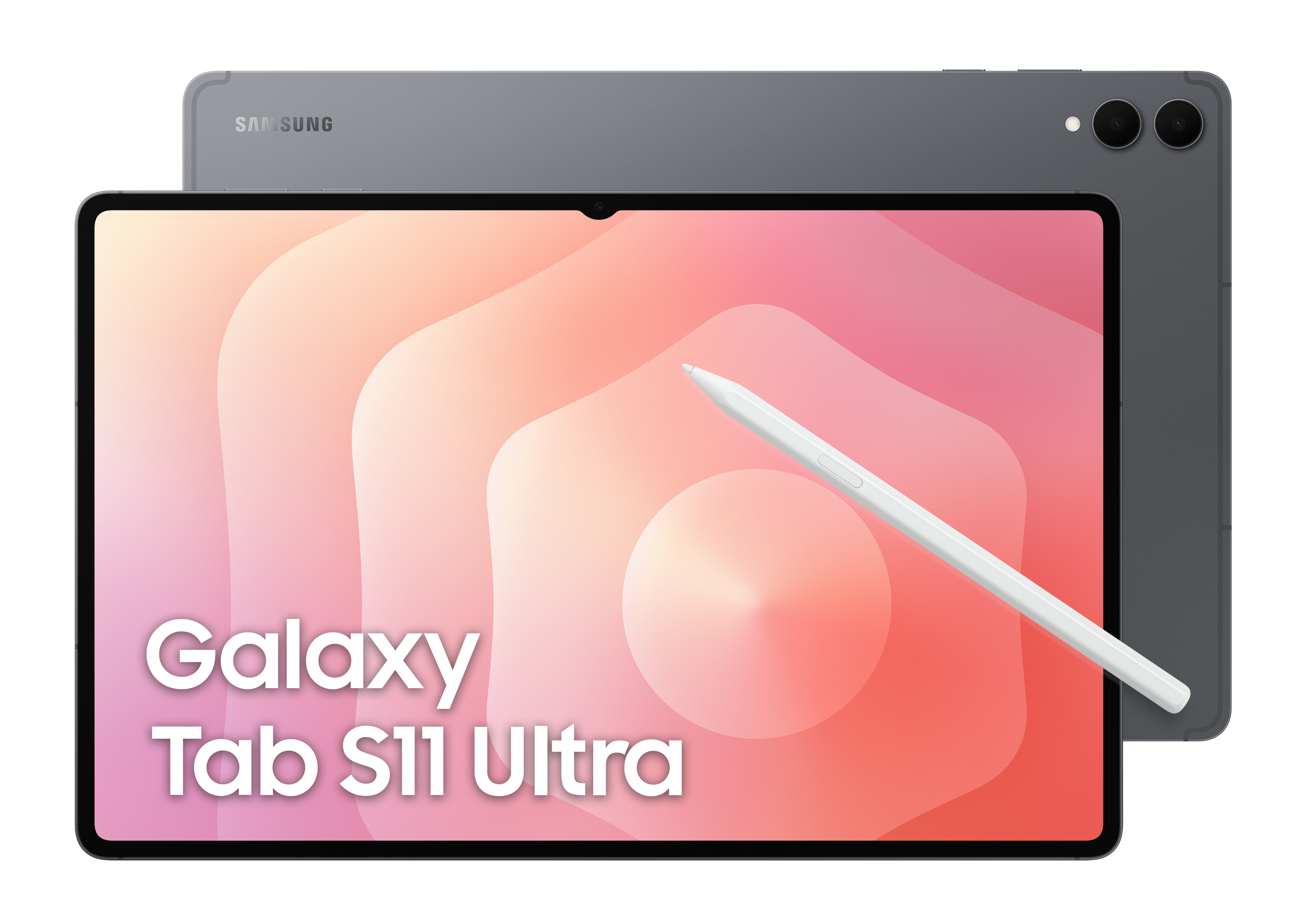 Tablet Samsung Galaxy Tab S11 Ultra z rysikiem. Ekran wyświetla abstrakcyjny różowo-pomarańczowy wzór. Tablet jest szary.