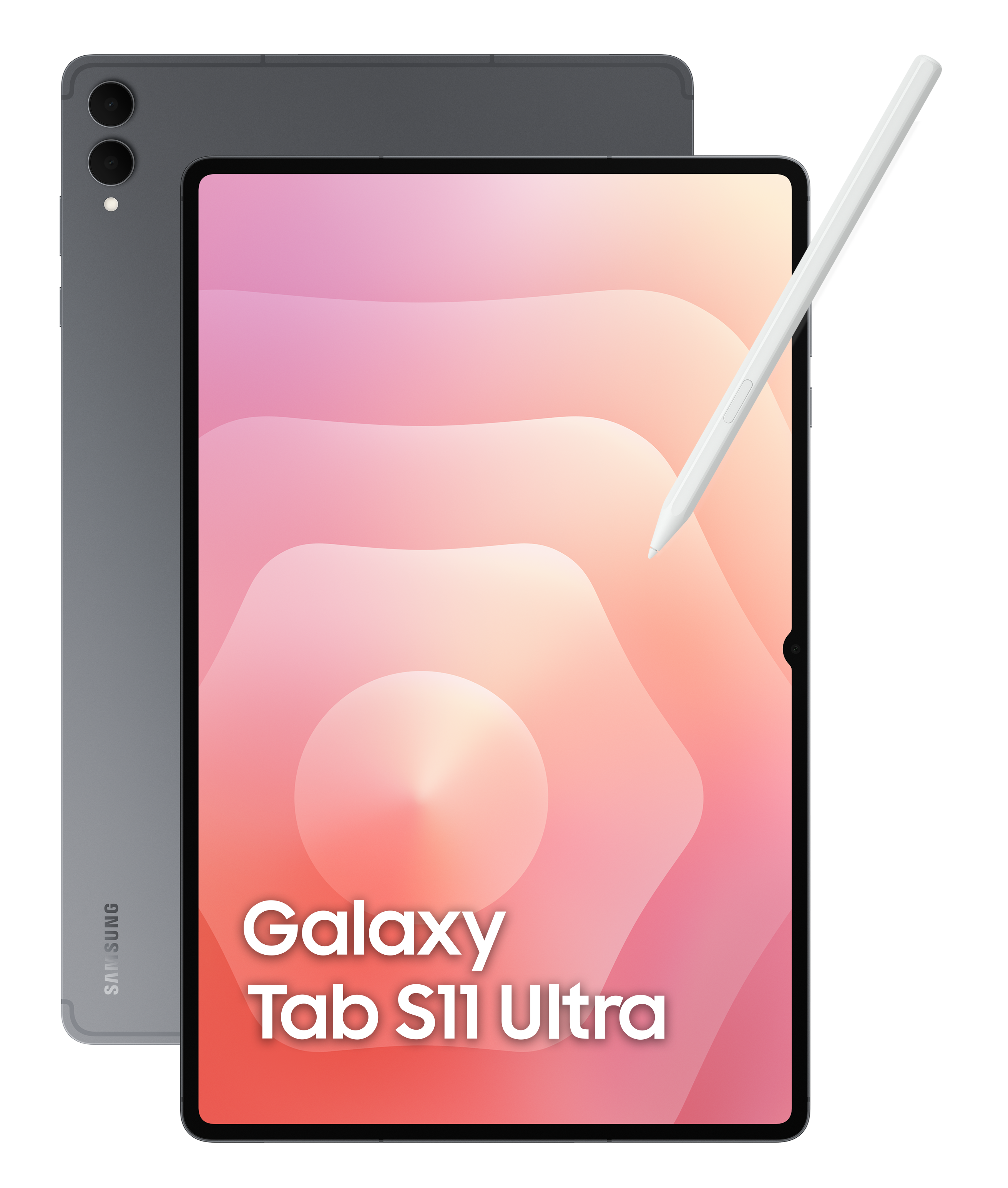 Tablet i rysik na czarnym tle. Tablet ma różowo-pomarańczowy ekran z napisem Galaxy Tab S11 Ultra.