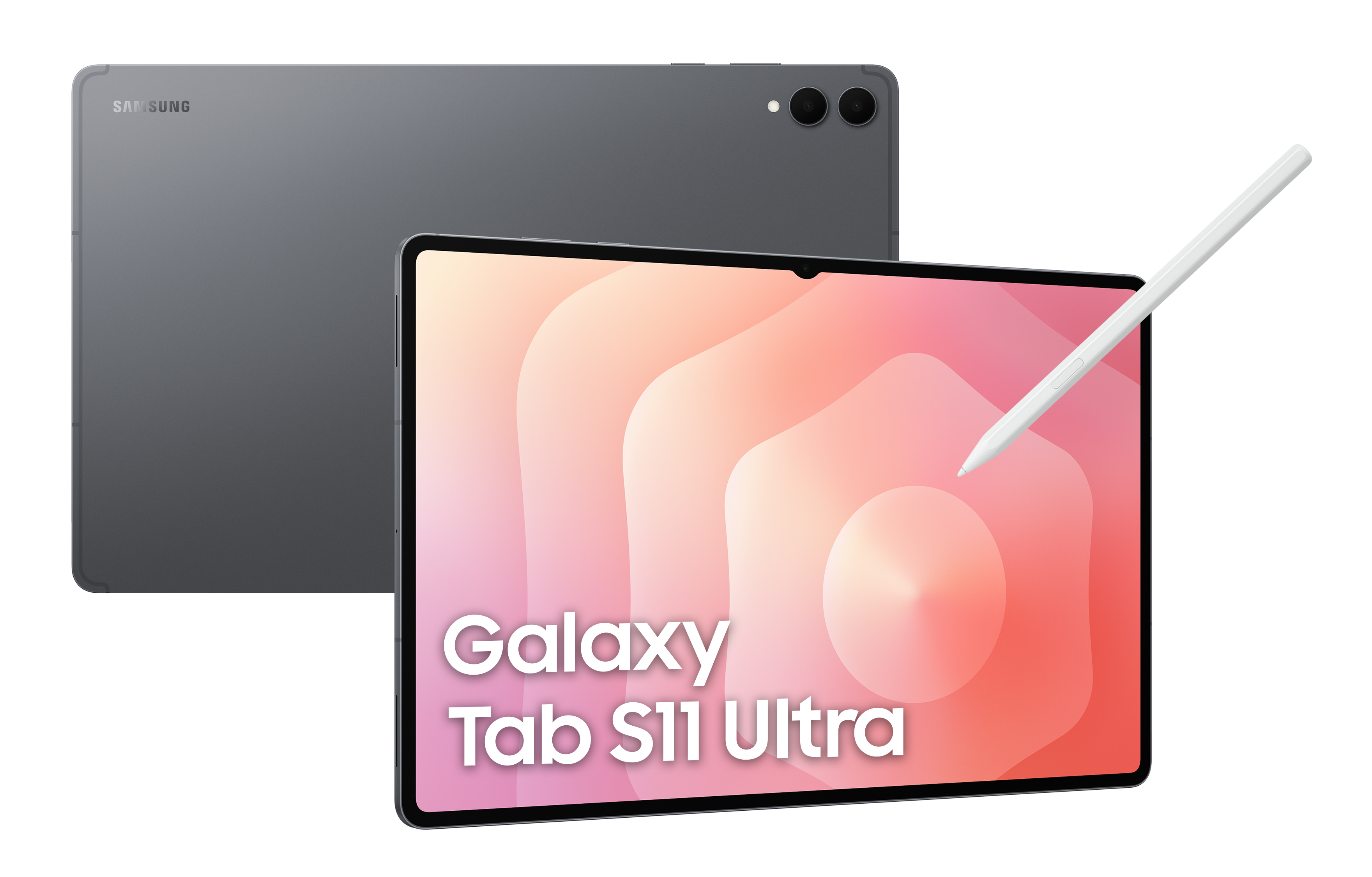 Tablet Samsung Galaxy Tab S11 Ultra z rysikiem. Tablet ma różowo-biały ekran. Za nim inny tablet.