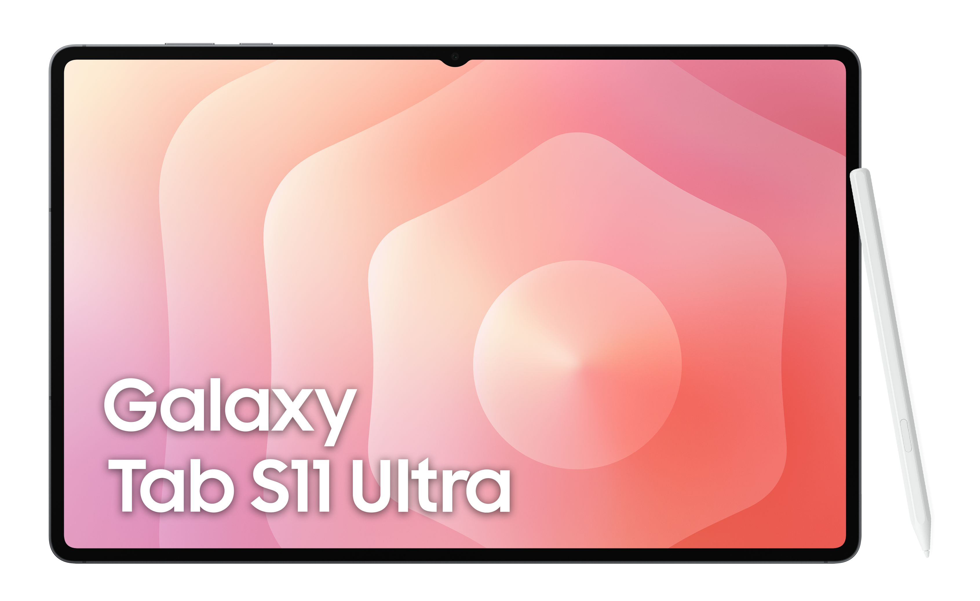 Czarny tablet z napisem Galaxy Tab S11 Ultra. Biały rysik obok tabletu. Tło w odcieniach różu.