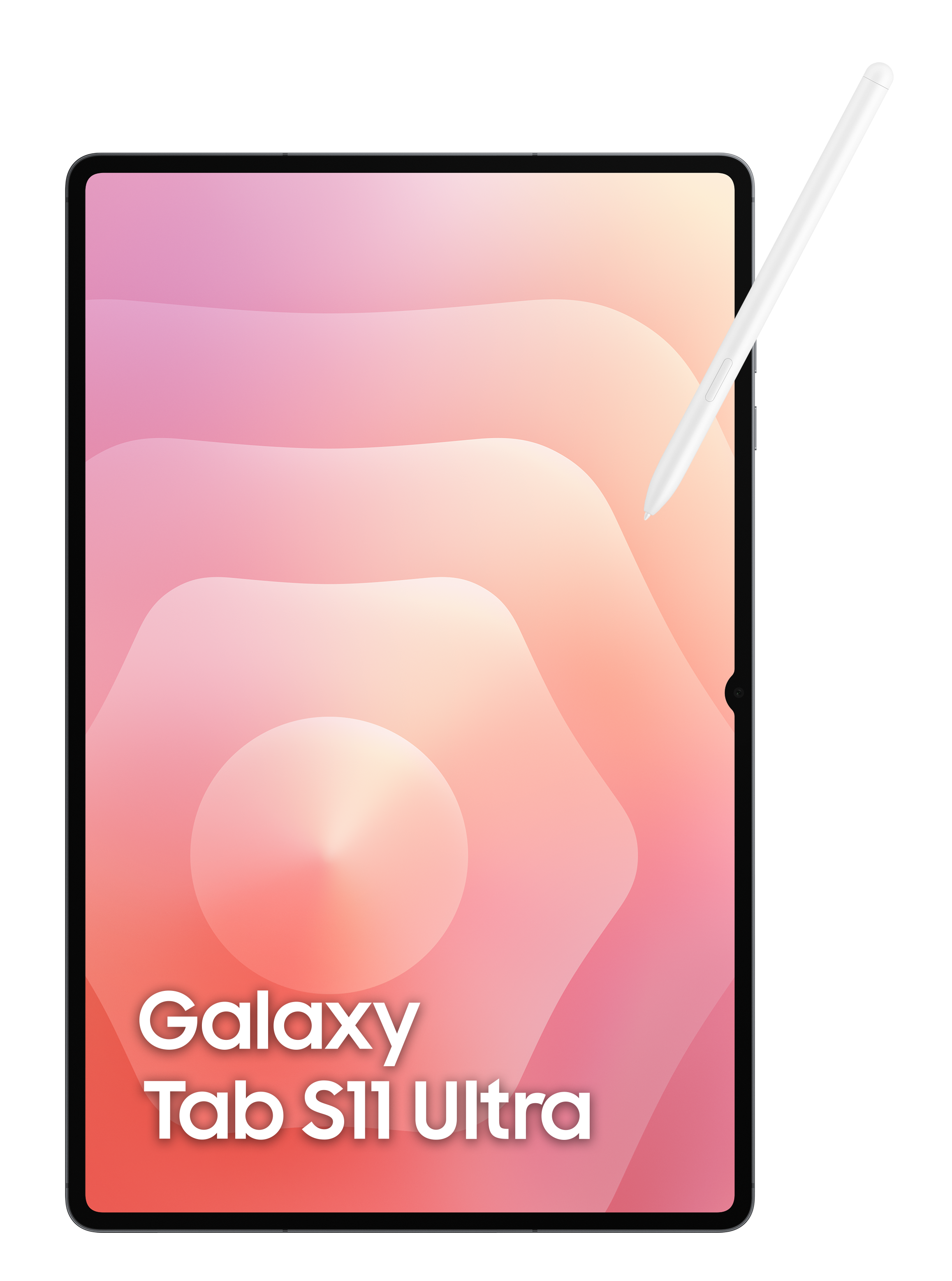 Tablet z gradientowym różowym ekranem i białym rysikiem na czarnym tle. Widoczny tekst: 'Galaxy Tab S11 Ultra'.