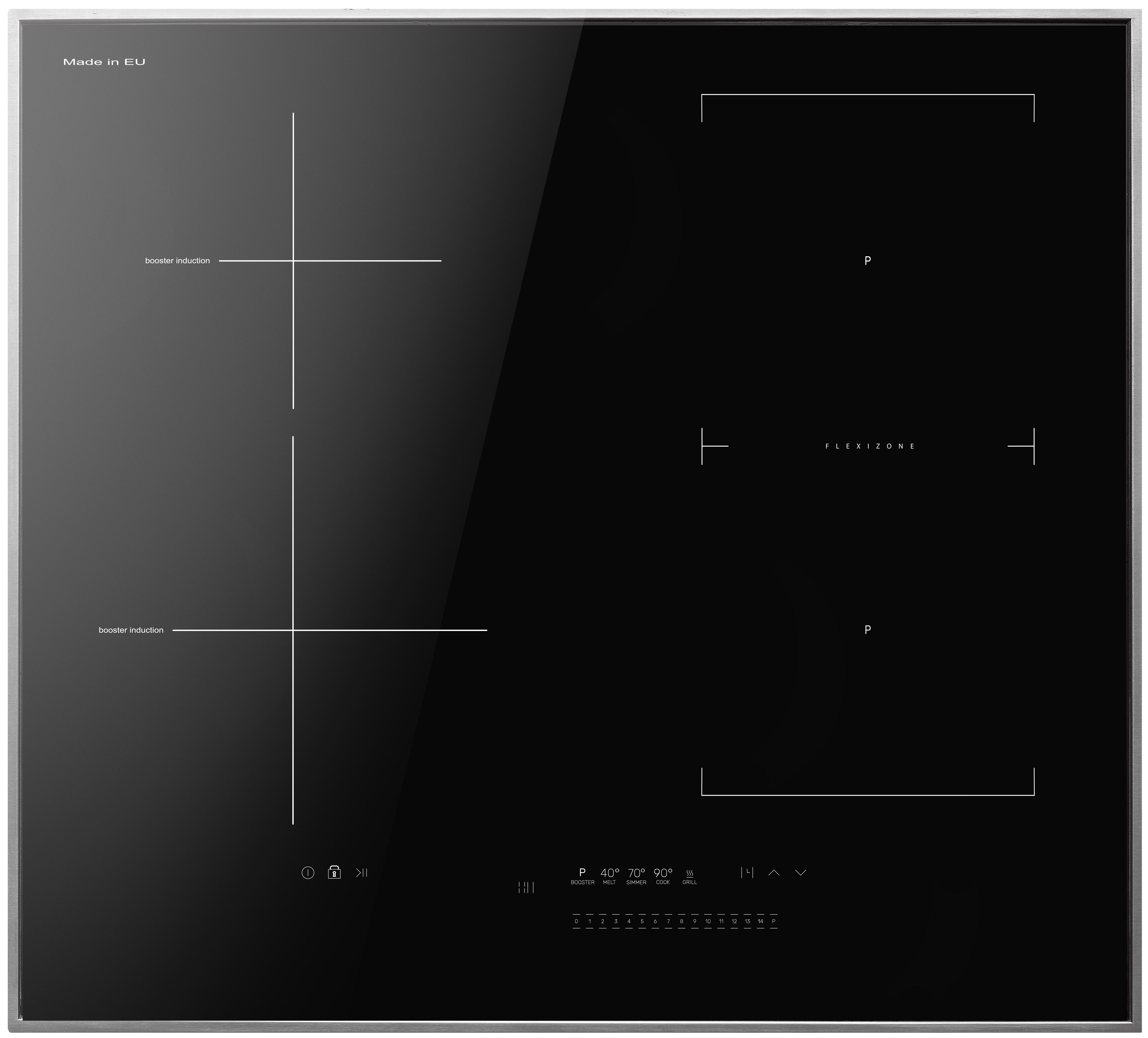 Czarna płyta indukcyjna z białymi oznaczeniami. Posiada funkcje boostera, flexizone i regulatory temperatury. Wyprodukowano w UE.