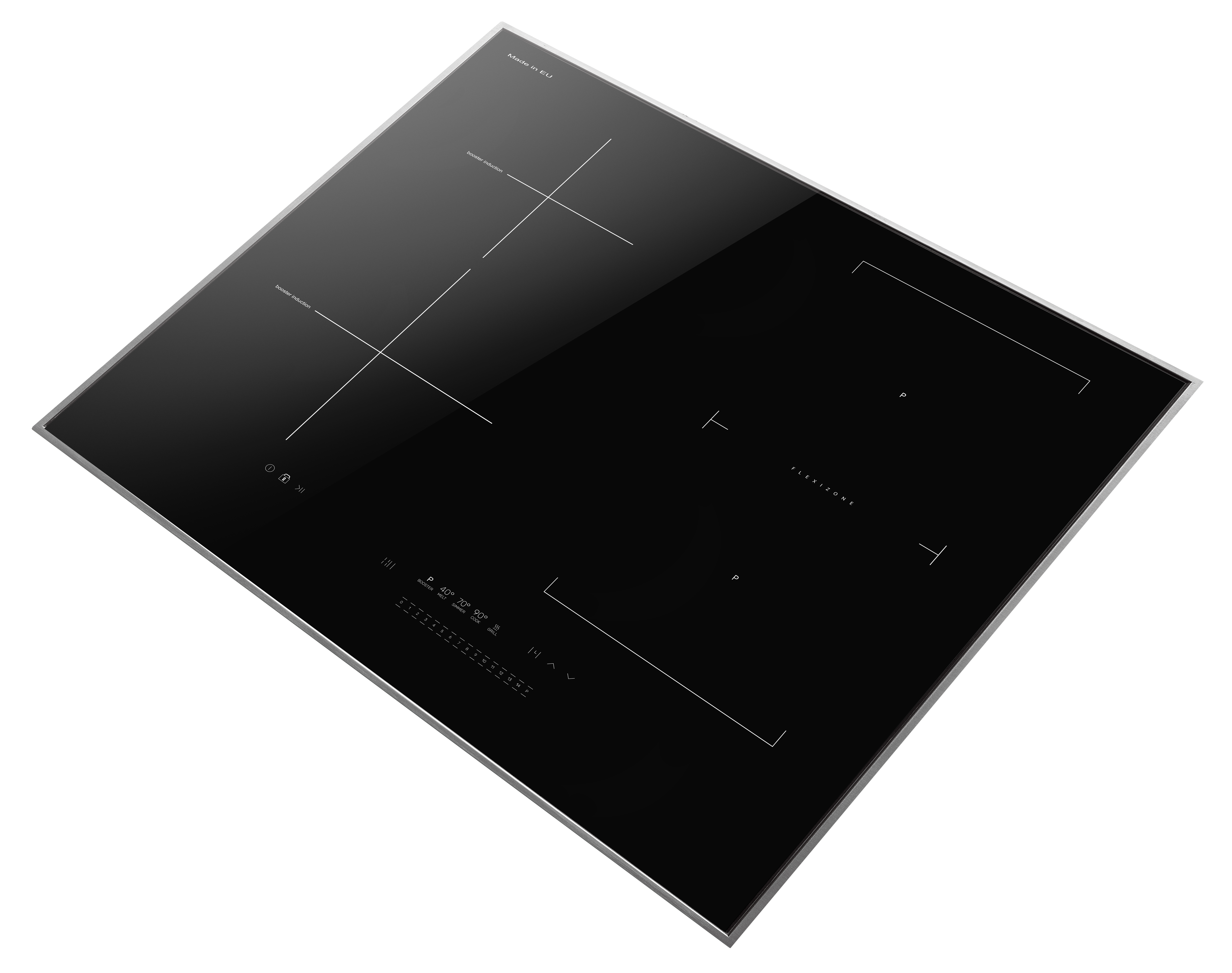Czarna indukcyjna płyta grzewcza. Widoczne białe oznaczenia i elementy sterujące. Płyta ma srebrną obwódkę i jest pochylona.